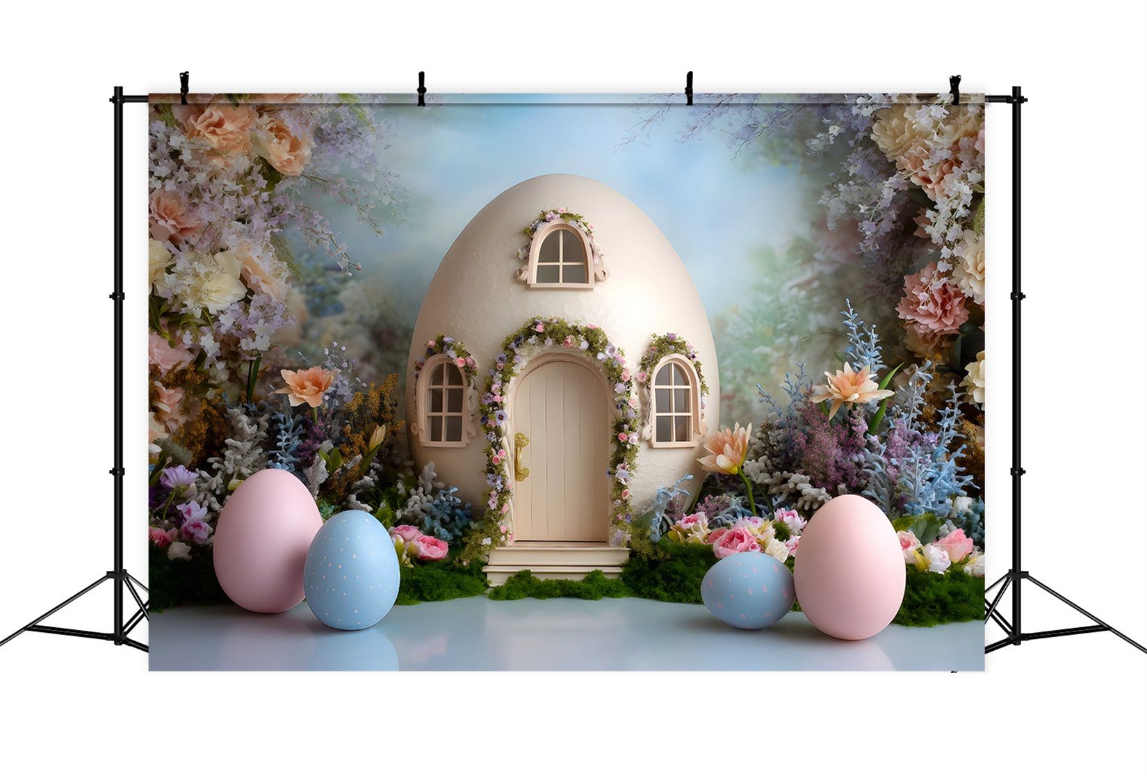 Egg Backdrop Egg House Pastel Blooms Easter Photography Backdrops For Sale By Magali