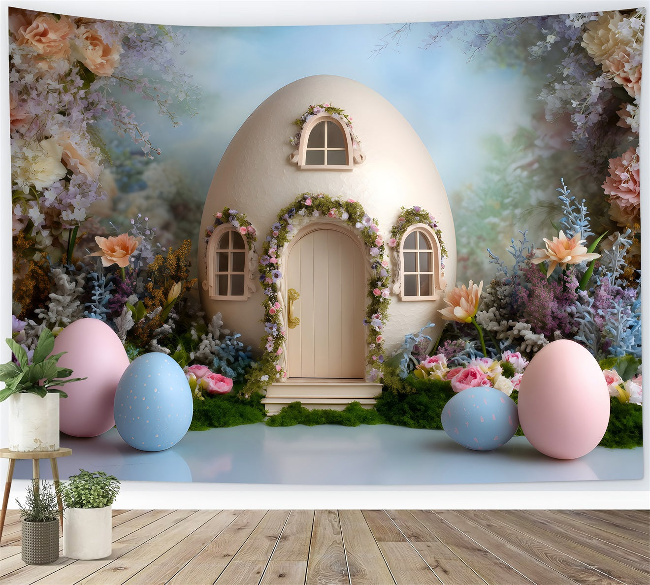 Egg Backdrop Egg House Pastel Blooms Easter Photography Backdrops For Sale By Magali
