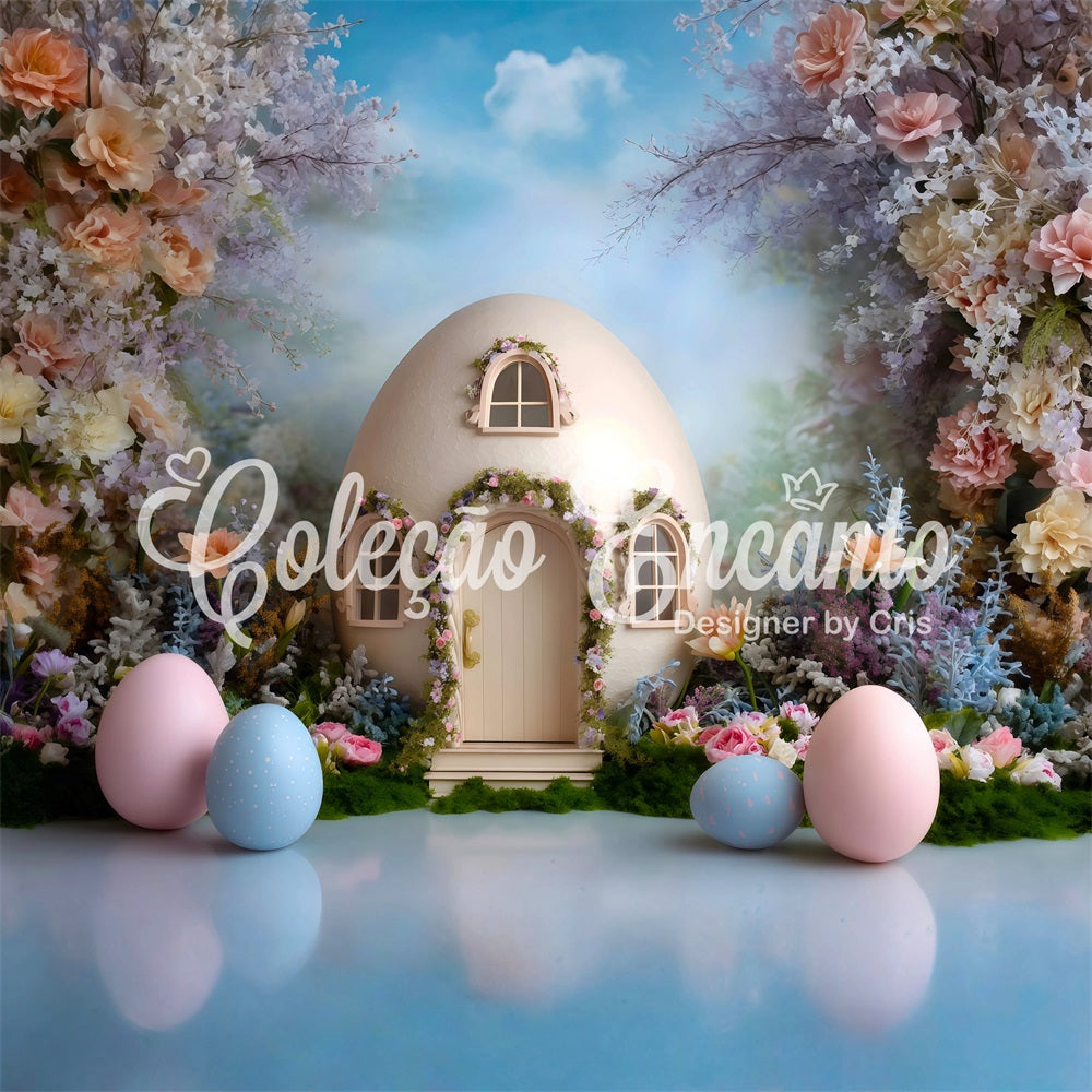 Egg Backdrop Egg House Pastel Blooms Easter Photography Backdrops For Sale By Magali