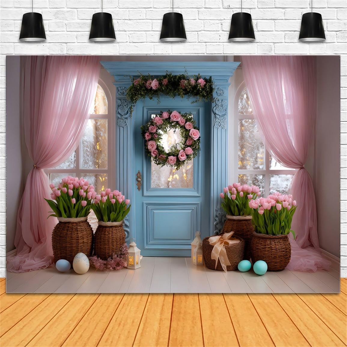 Easter Tulip Backdrop Blue Door Pink Curtain Easter Backdrop For Photography By Magali