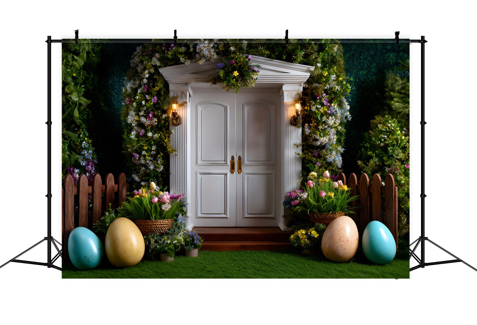 Easter European Garden Backdrop White Door Egg Tulips Photography Easter Backdrop By Magali