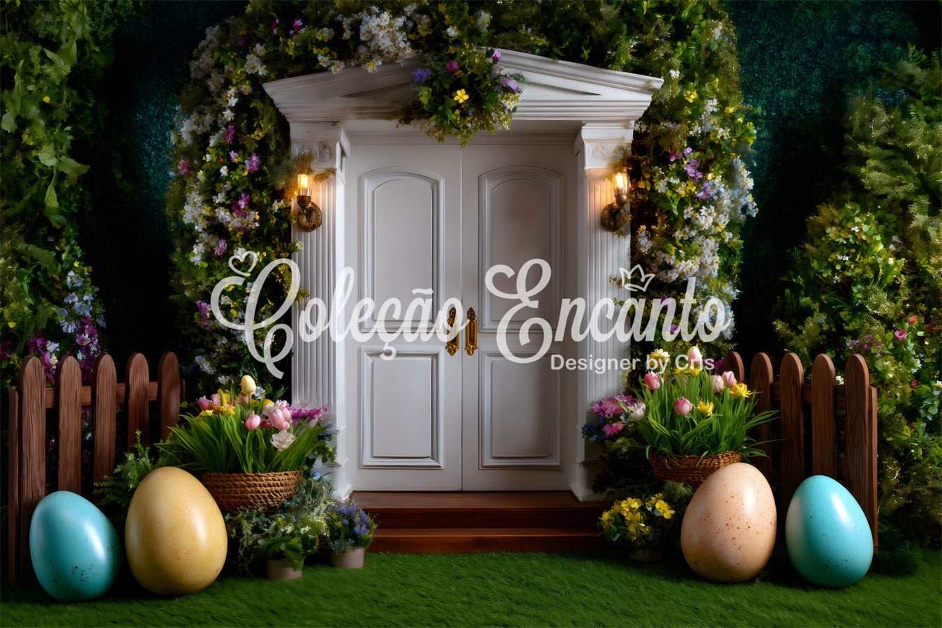 Easter European Garden Backdrop White Door Egg Tulips Photography Easter Backdrop By Magali