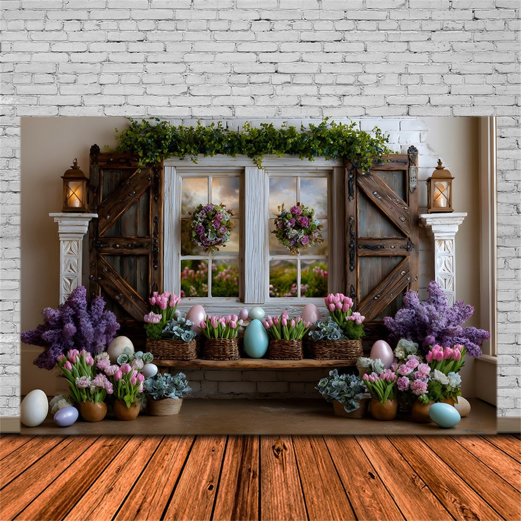 Easter Cottage Garden Backdrop Lavender Tulip Eggs Window Happy Easter Photo Backdrop By Magali