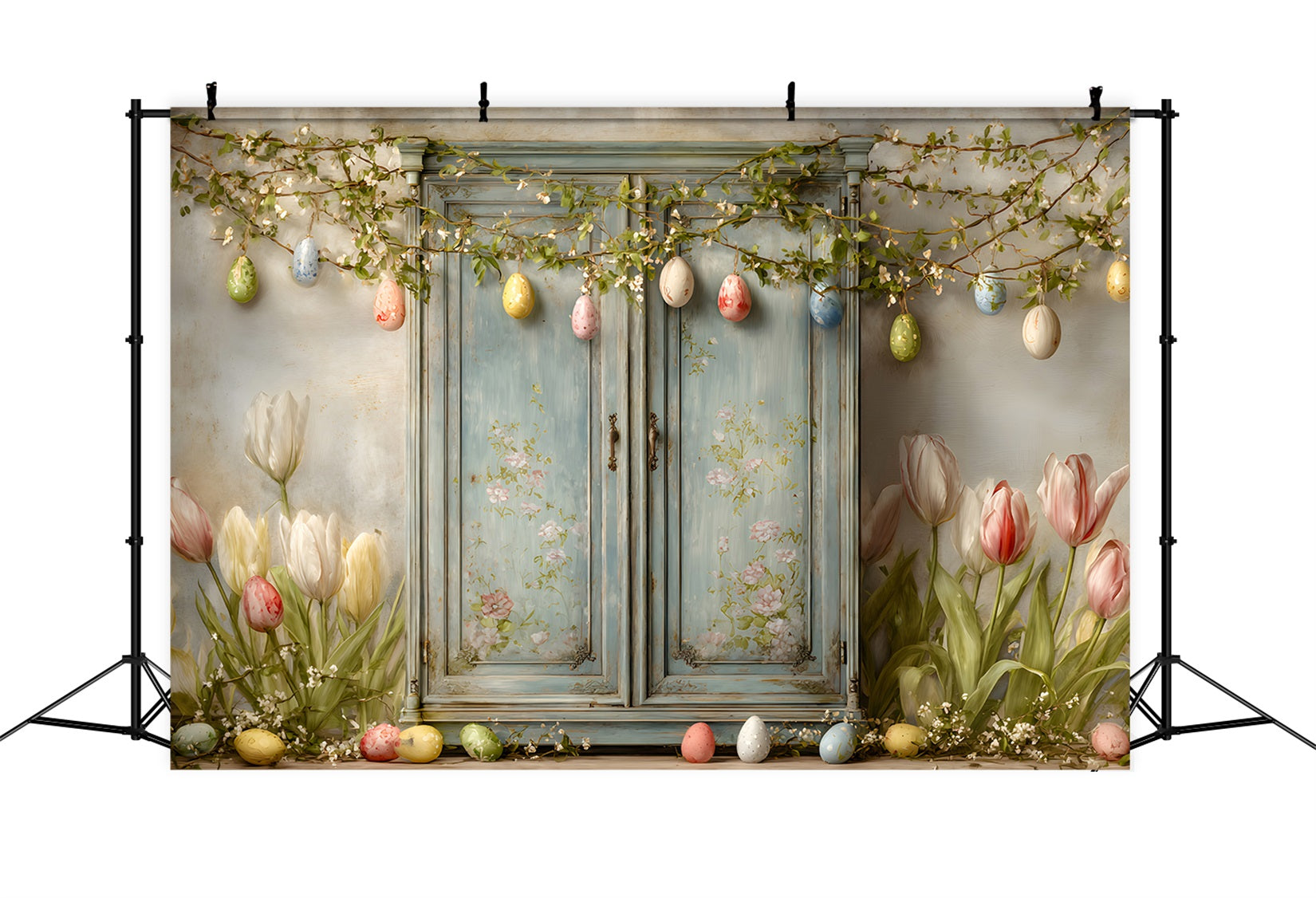 Easter Vintage Floral Backdrop Blue Door Tulip Eggs Simple Easter Backdrop By Magali
