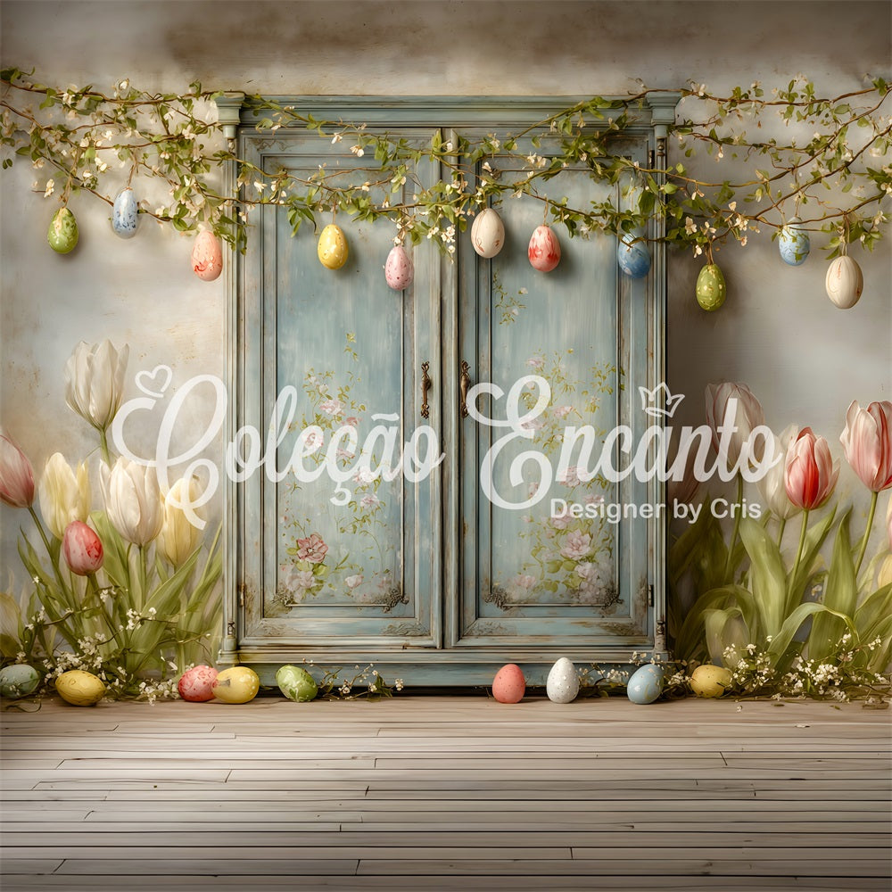 Easter Vintage Floral Backdrop Blue Door Tulip Eggs Simple Easter Backdrop By Magali