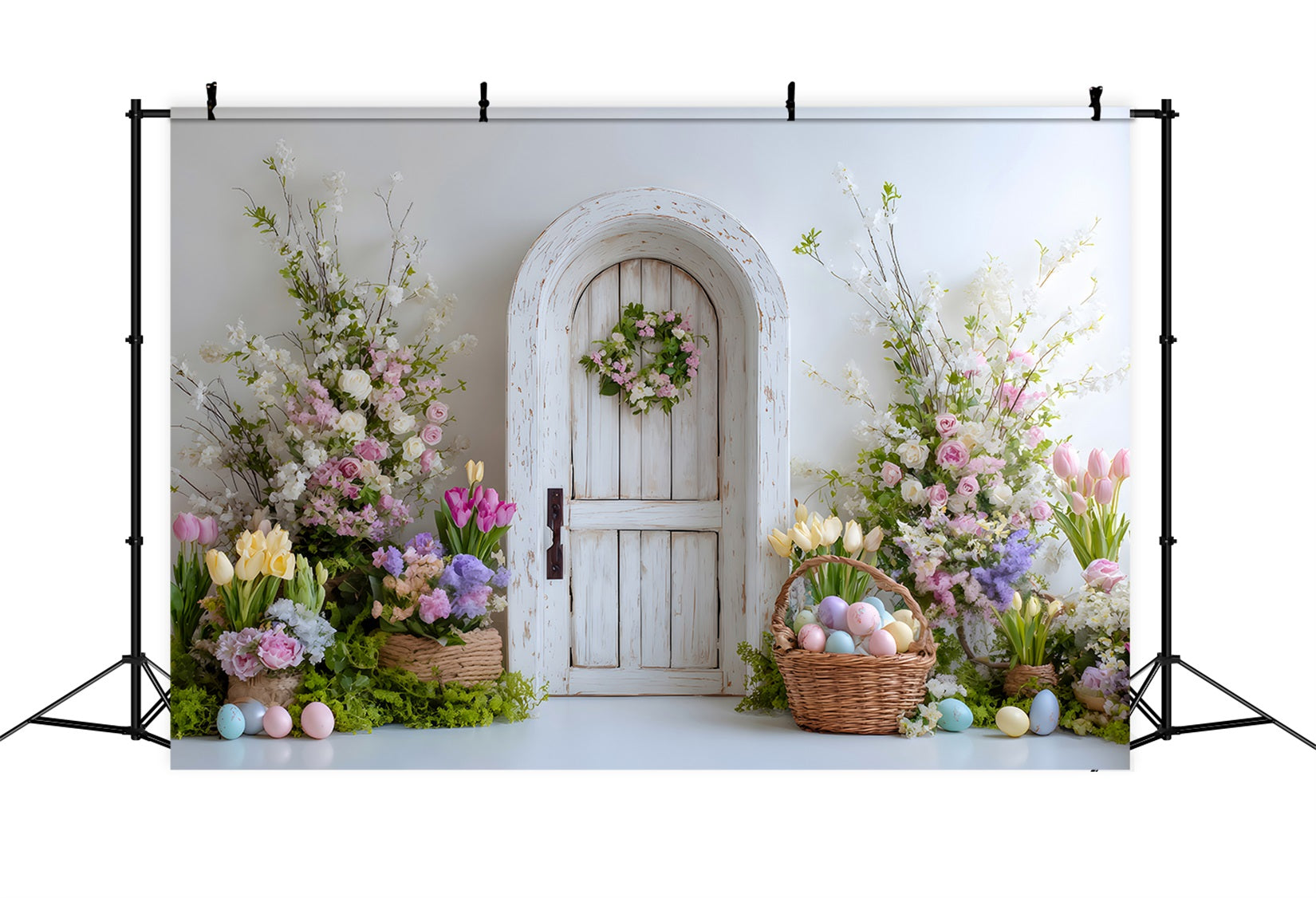 Easter Spring Backdrop Wreath Door Egg Basket Easter Party Backdrop By Magali