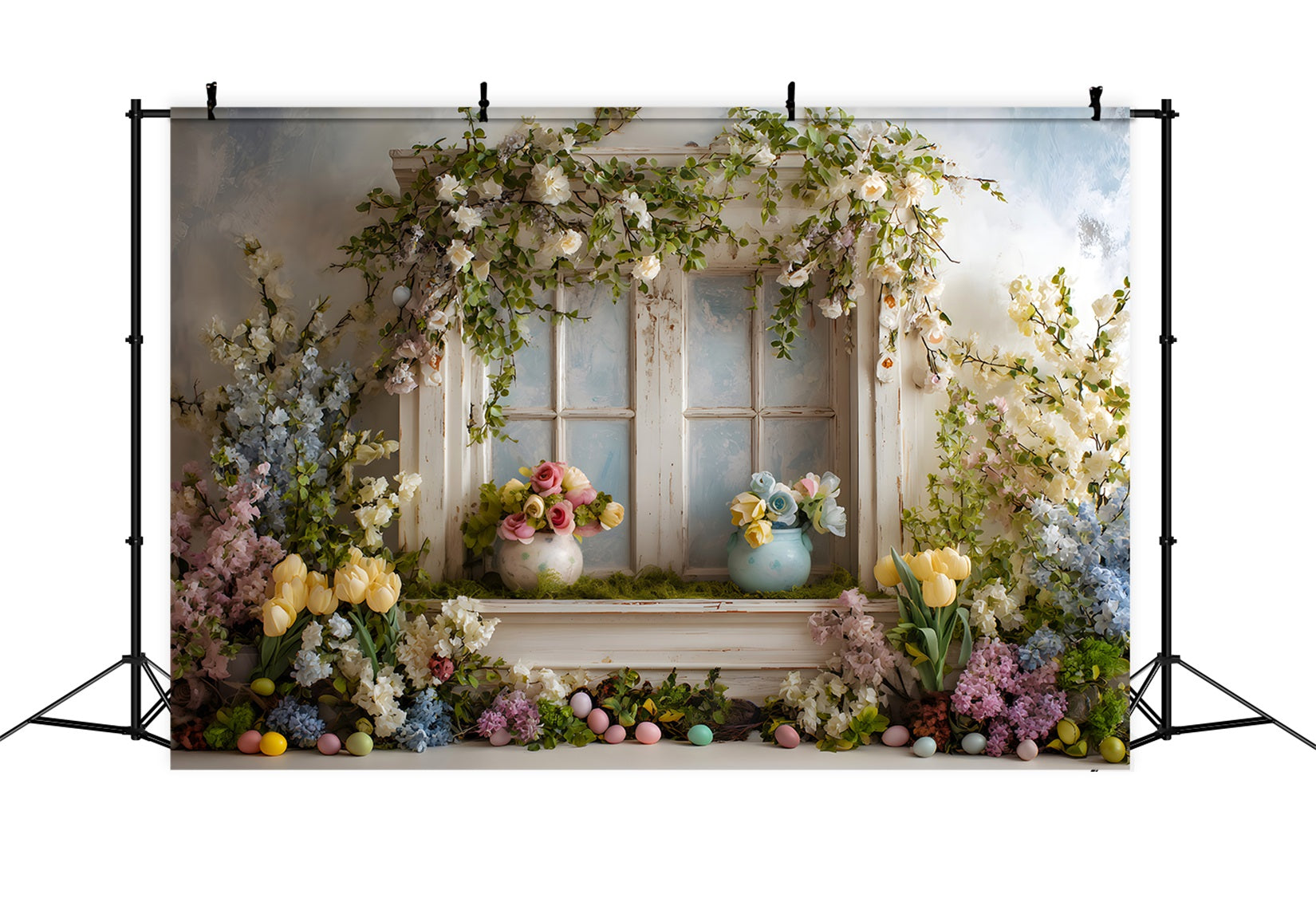 Easter Cottage Garden Backdrop Window Floral Pastel Eggs Photo Backdrops Easter By Magali