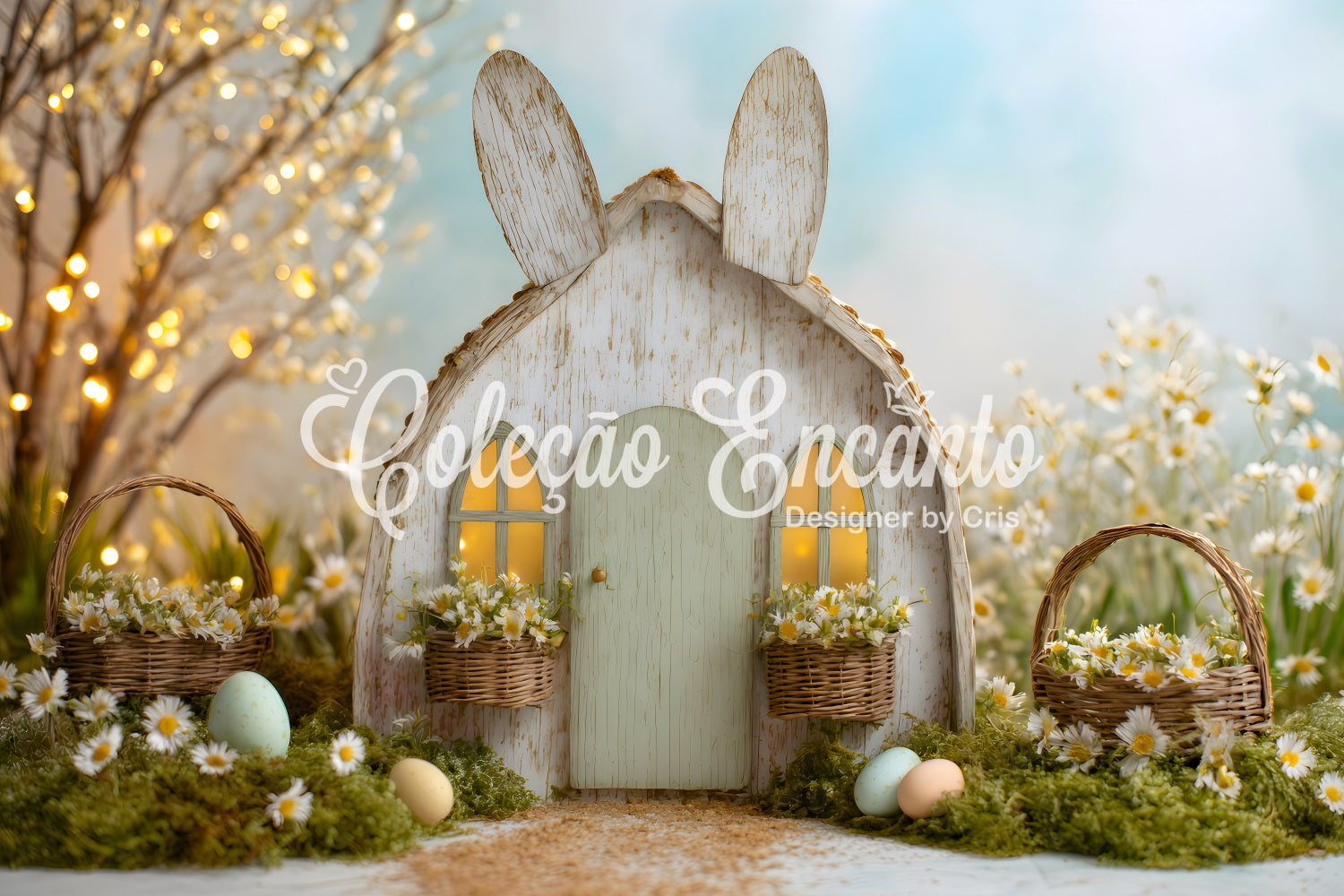 Easter Fairytale Backdrop Bunny House Daisy Eggs Easter Theme Backdrop By Magali