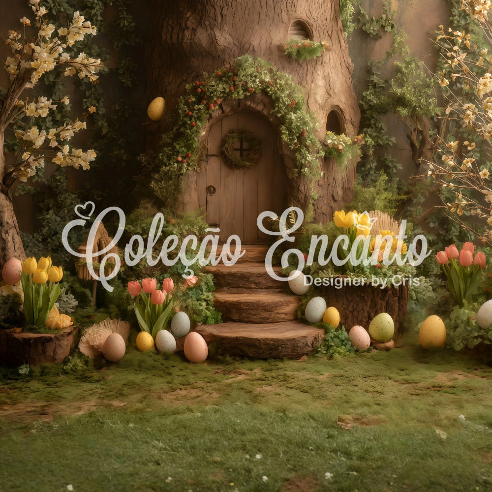 Bunny Burrow Backdrop Tree Door Egg Blooms Easter Pictures Backdrop By Magali
