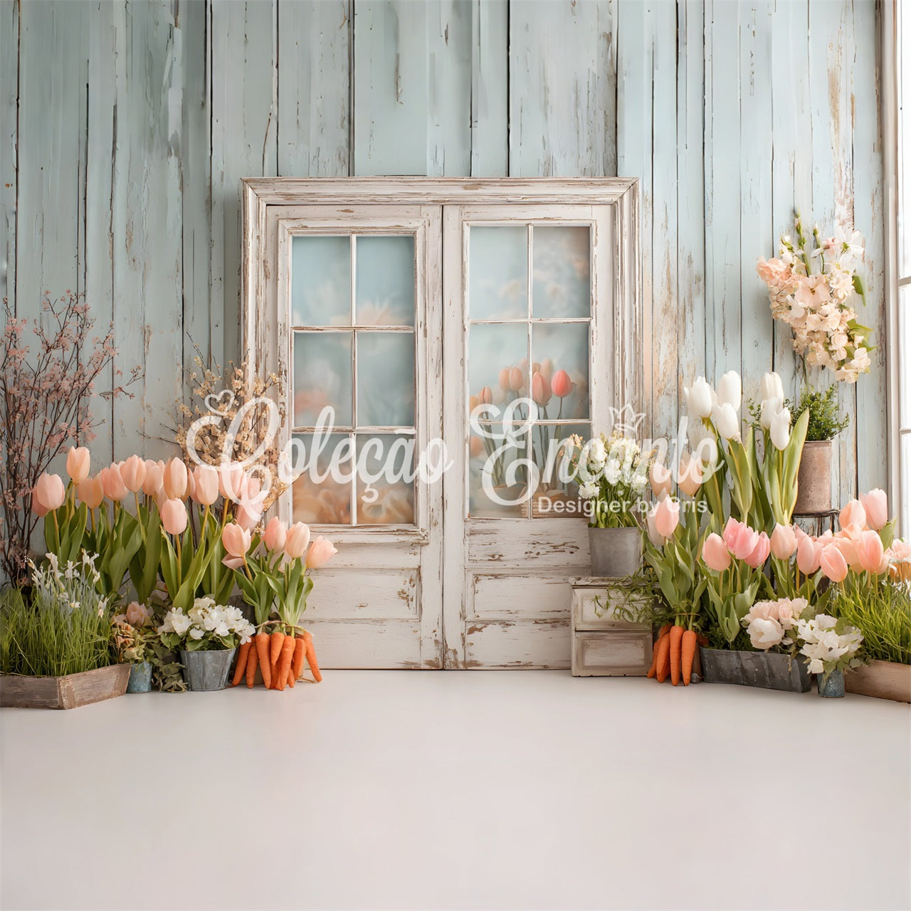 Easter Tulip Backdrop Vintage Window Garden Charm Easter Photography Backdrops By Magali