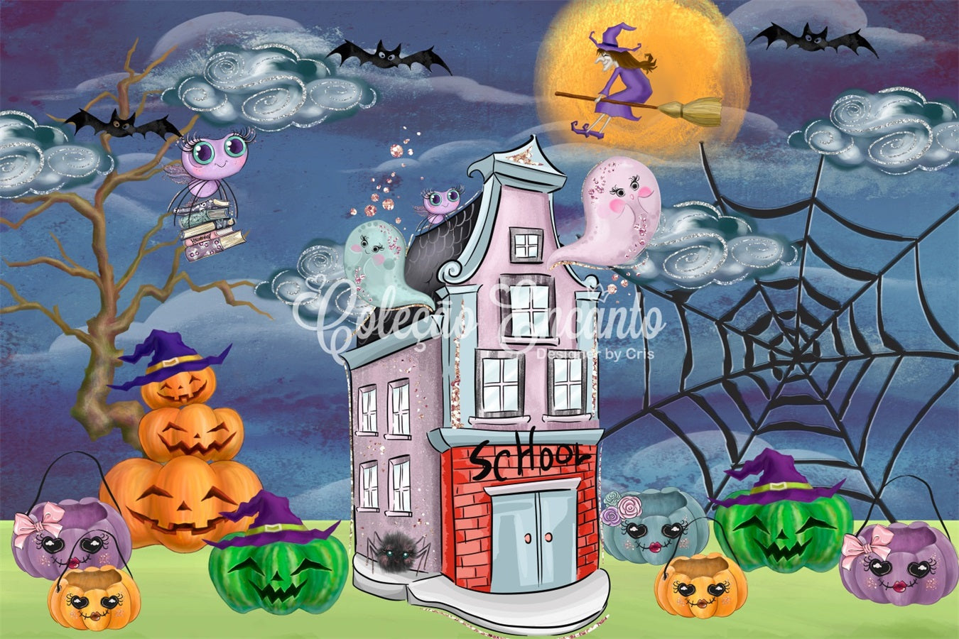 Newborn Backdrop Spooky School Pumpkin Witch Night Halloween Backdrop Kids By Magali