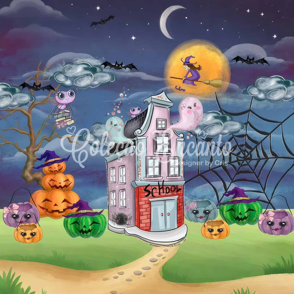 Newborn Backdrop Spooky School Pumpkin Witch Night Halloween Backdrop Kids By Magali