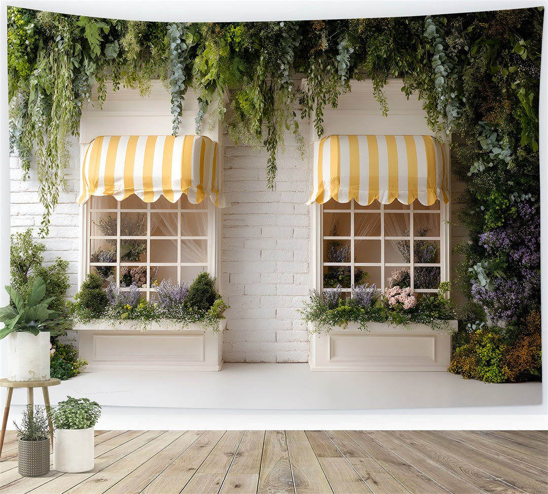 Easter Spring Backdrop Striped Yellow Awning Garden Windows Easter Picture Backdrop By Magali
