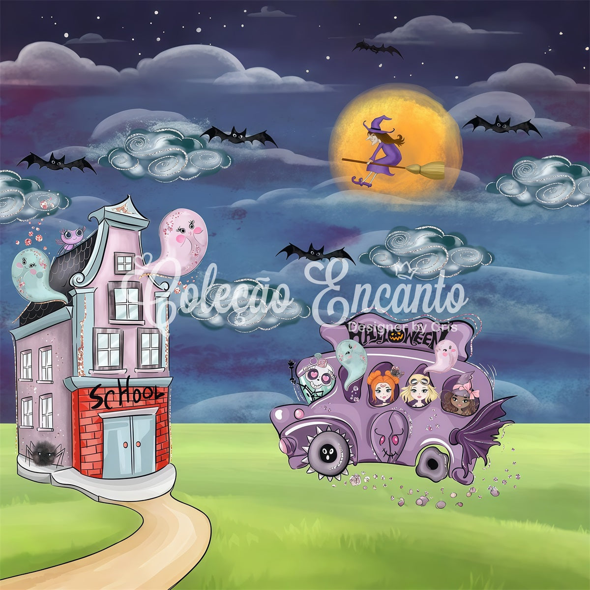 Newborn Photo Backdrop Spooky Bus Witch Moon Halloween Backdrops For Kids By Magali
