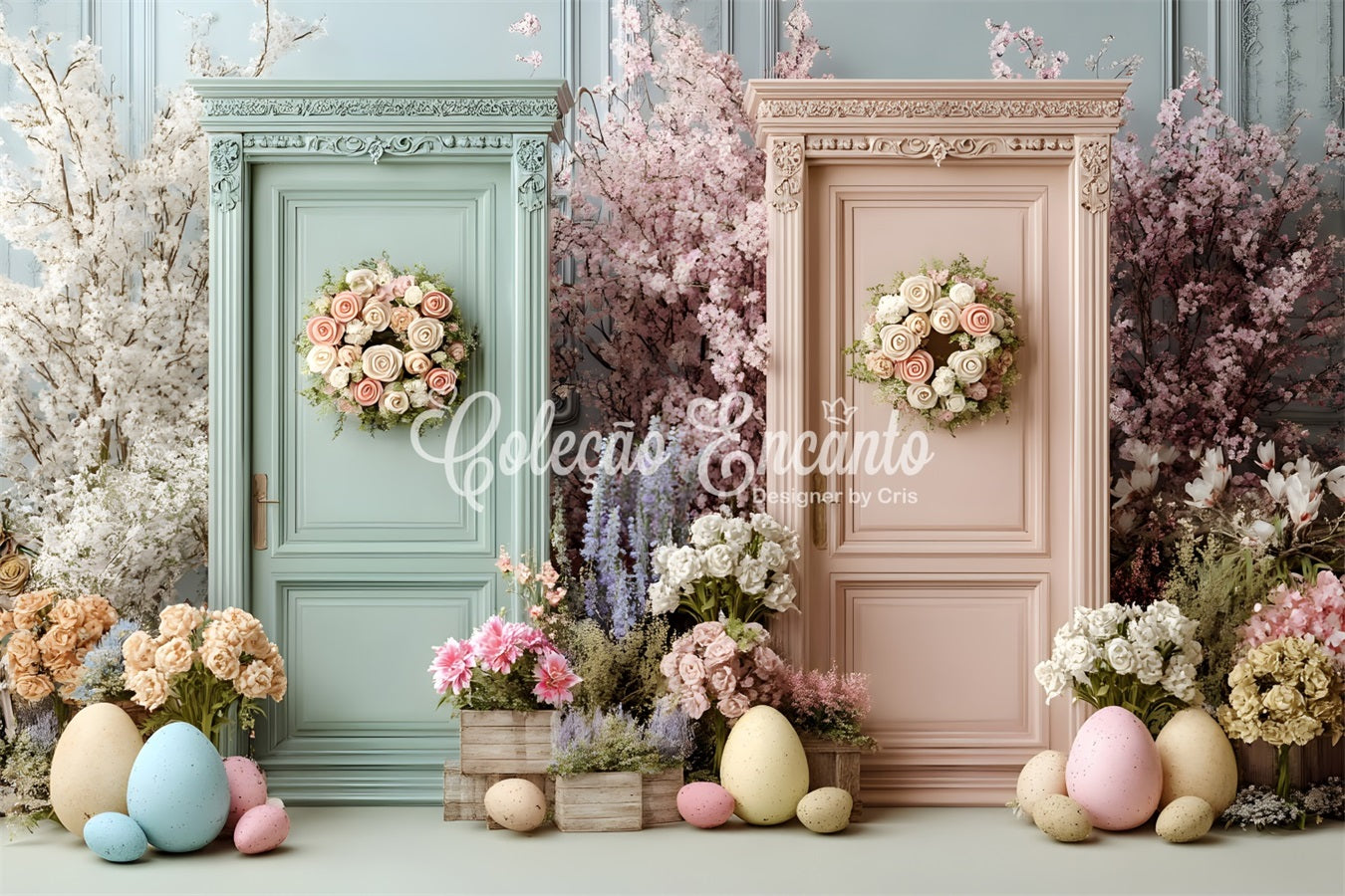 Easter Spring Floral Wreath Backdrop Dual Flower Doors Eggs Easter Backdrops For Photos By Magali
