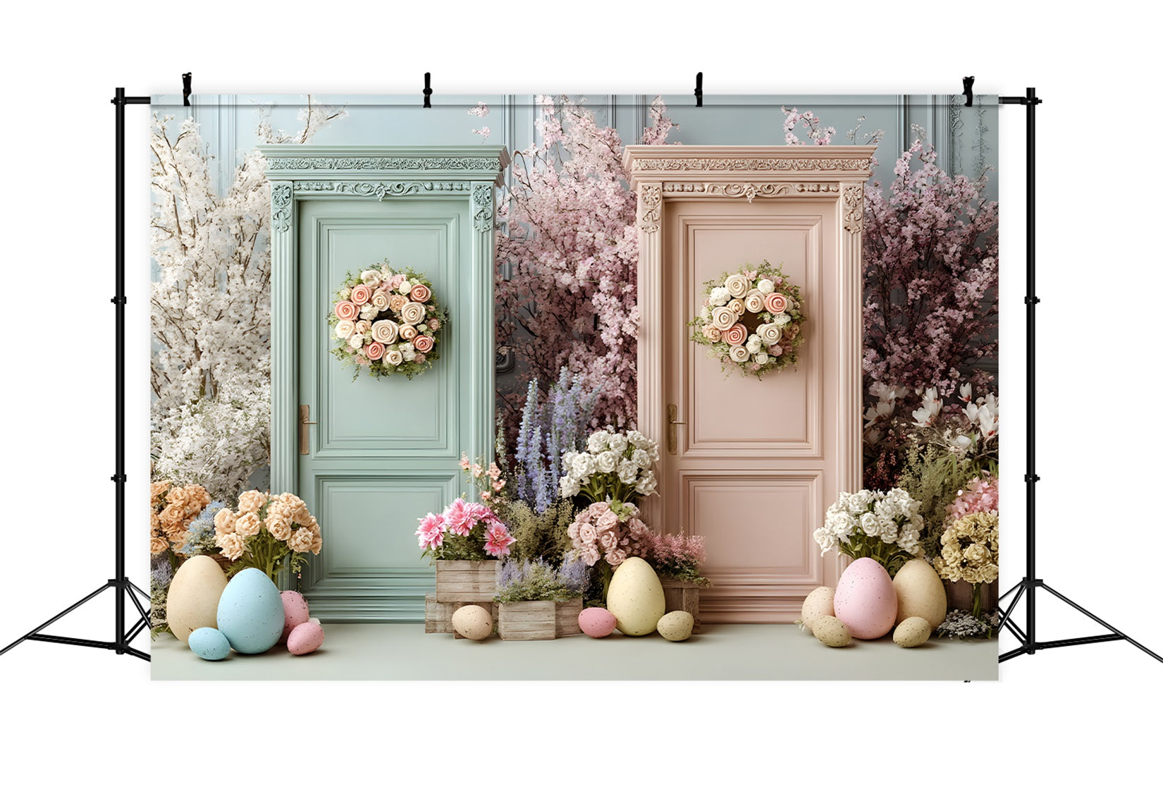 Easter Spring Floral Wreath Backdrop Dual Flower Doors Eggs Easter Backdrops For Photos By Magali