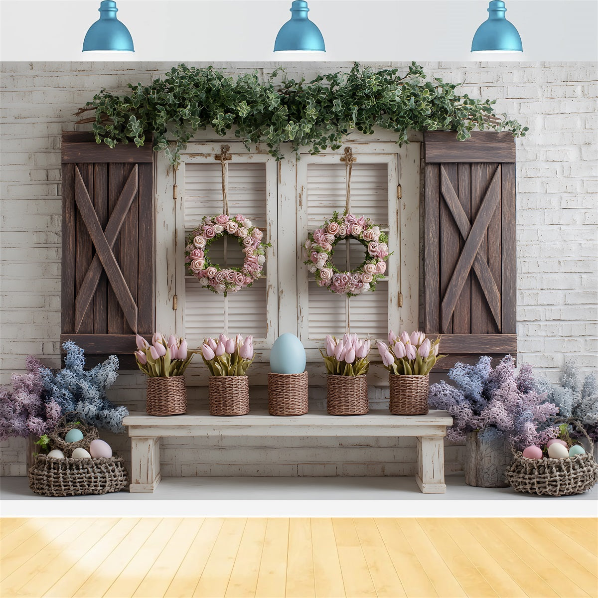 Easter Spring Floral Wreath Backdrop Pink Tulip Egg Window Photography Backdrops Easter By Magali