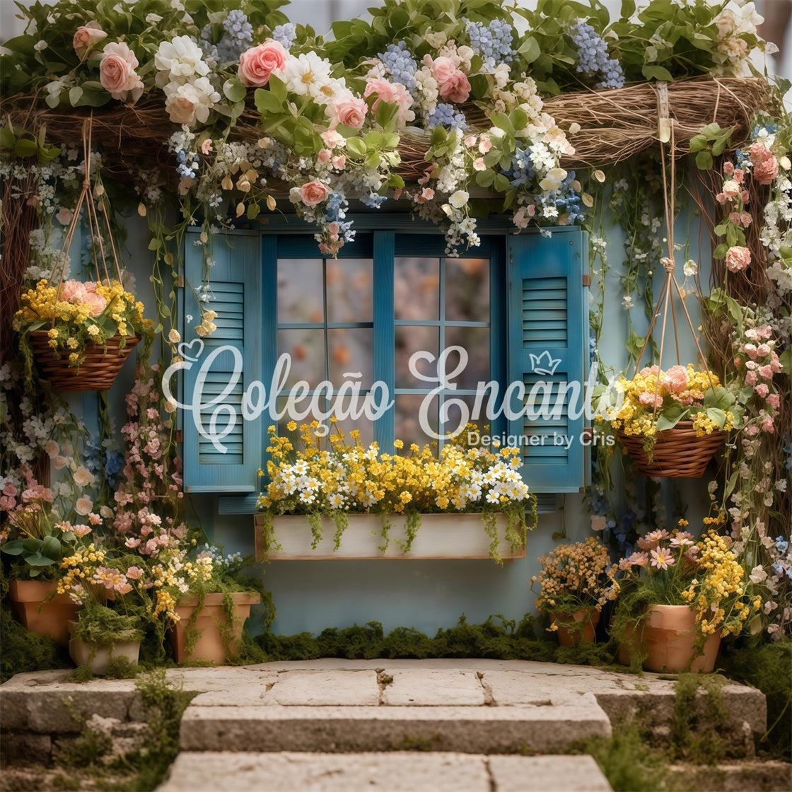 Easter Cottage Garden Backdrop Blue Floral Window Blooms Easter Theme Backdrop By Magali