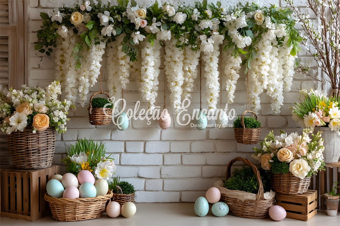 Easter Basket Backdrop White Floral Egg Wall Easter Themed Backdrops By Magali