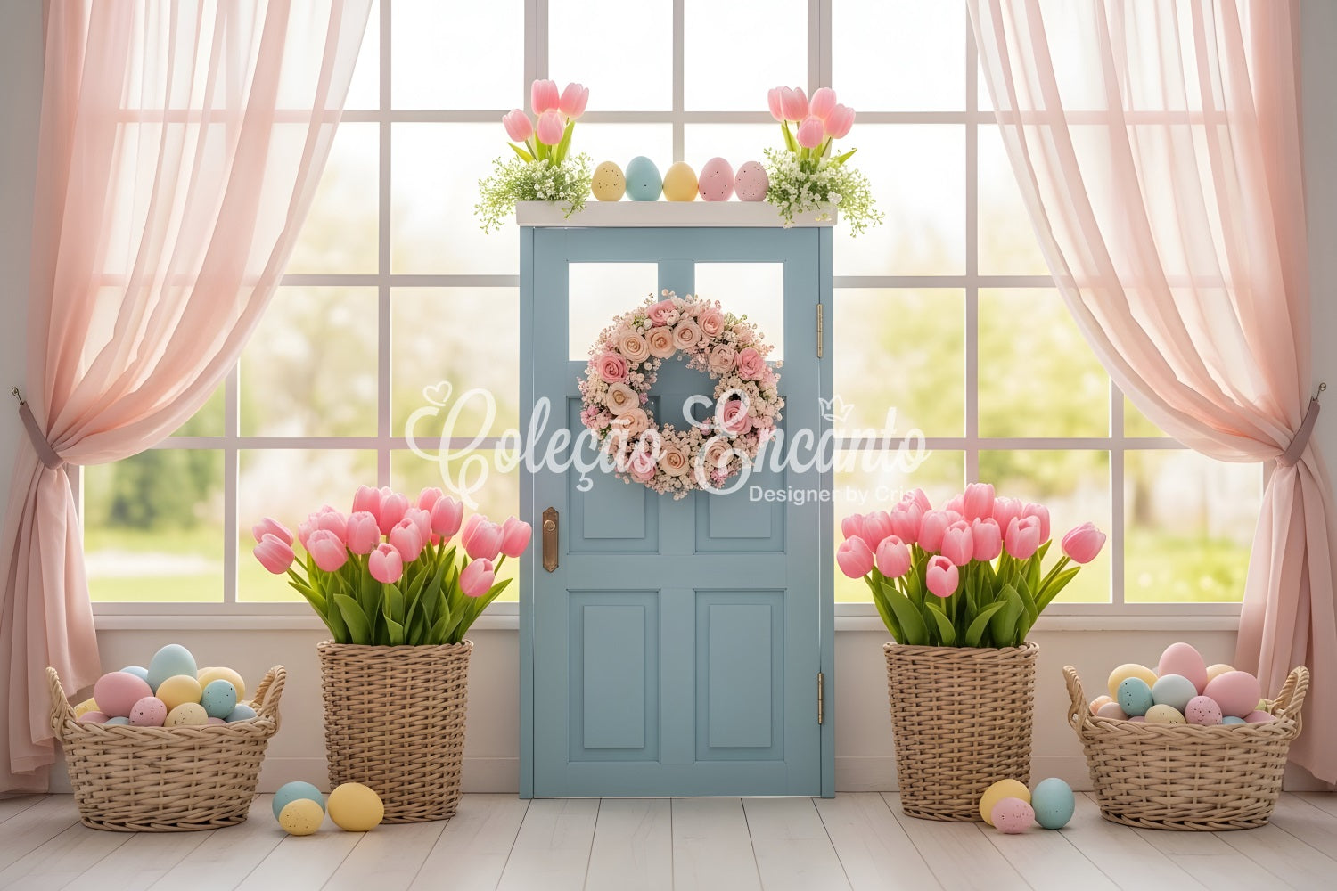 Easter Window Spring Light Backdrop Blue Door Tulip Egg Baskets Easter Backdrop Photos By Magali