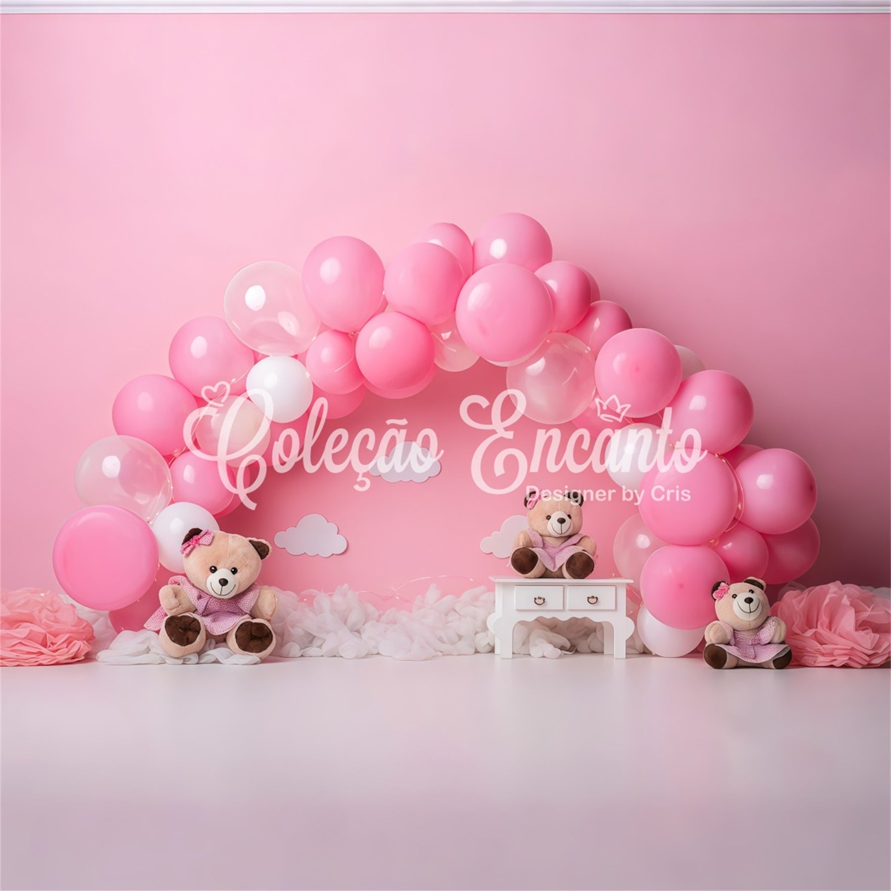 Newborn Backdrop Pink Balloon Arch Teddy Trio Childrens Photo Backdrops By Magali