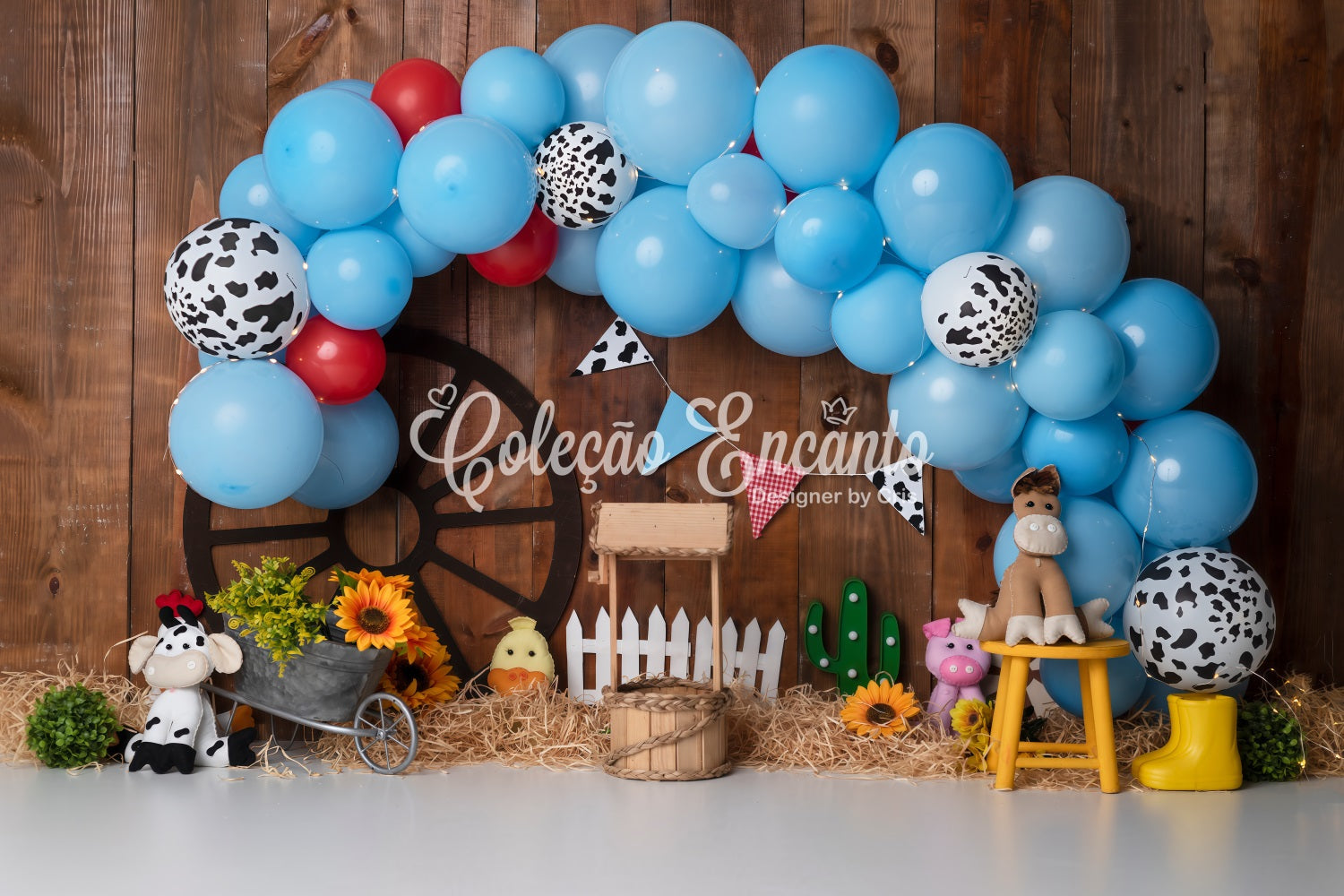 Children's Backdrops Blue Cow Print Farm Balloon Arch Cowboy Backdrop By Magali