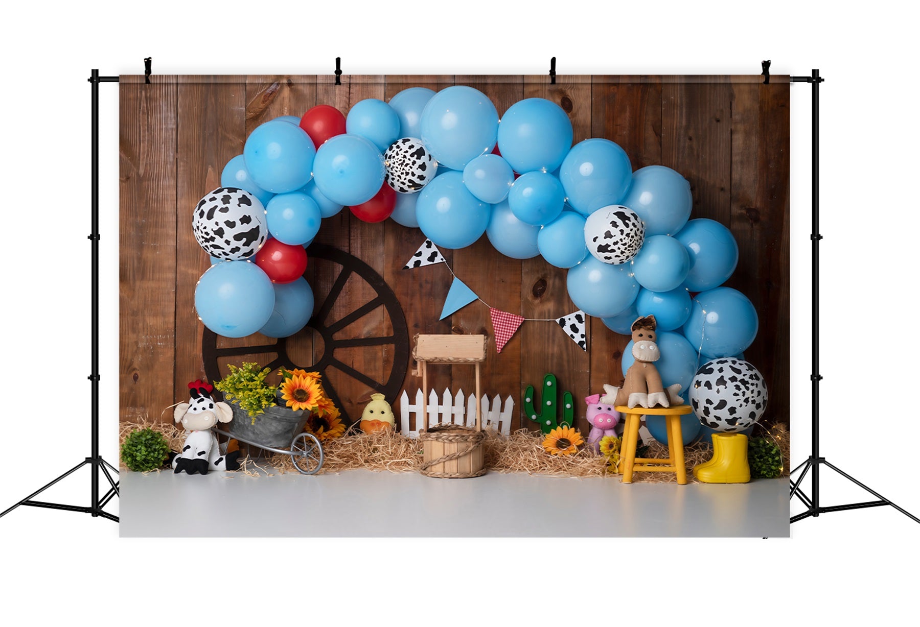 Children's Backdrops Blue Cow Print Farm Balloon Arch Cowboy Backdrop By Magali