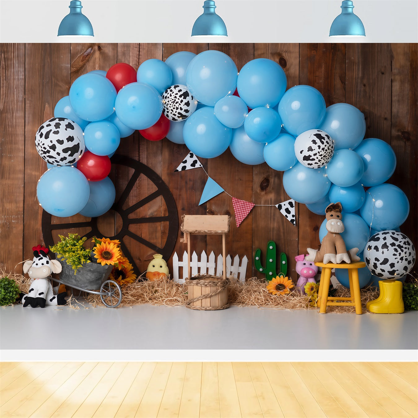 Children's Backdrops Blue Cow Print Farm Balloon Arch Cowboy Backdrop By Magali