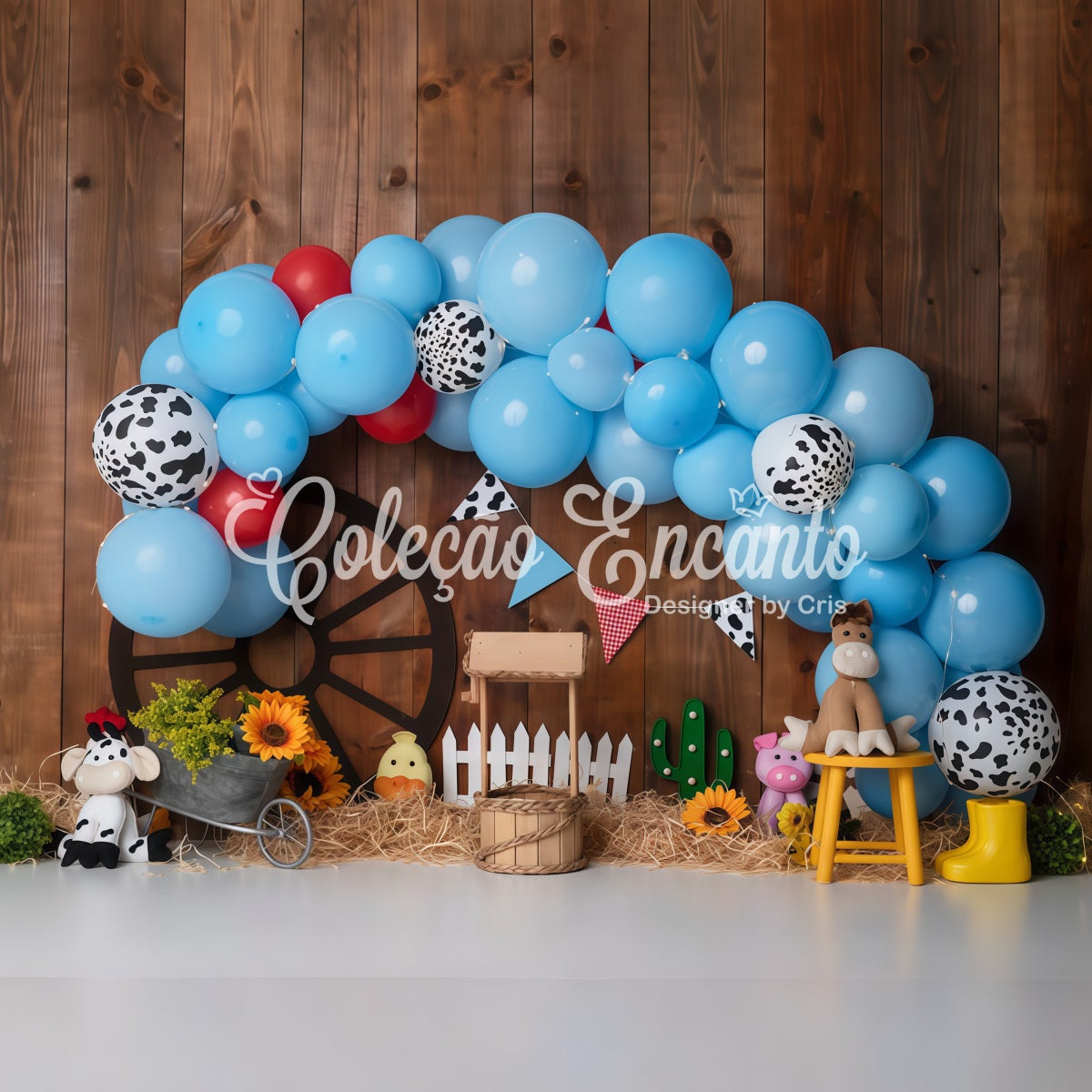 Children's Backdrops Blue Cow Print Farm Balloon Arch Cowboy Backdrop By Magali