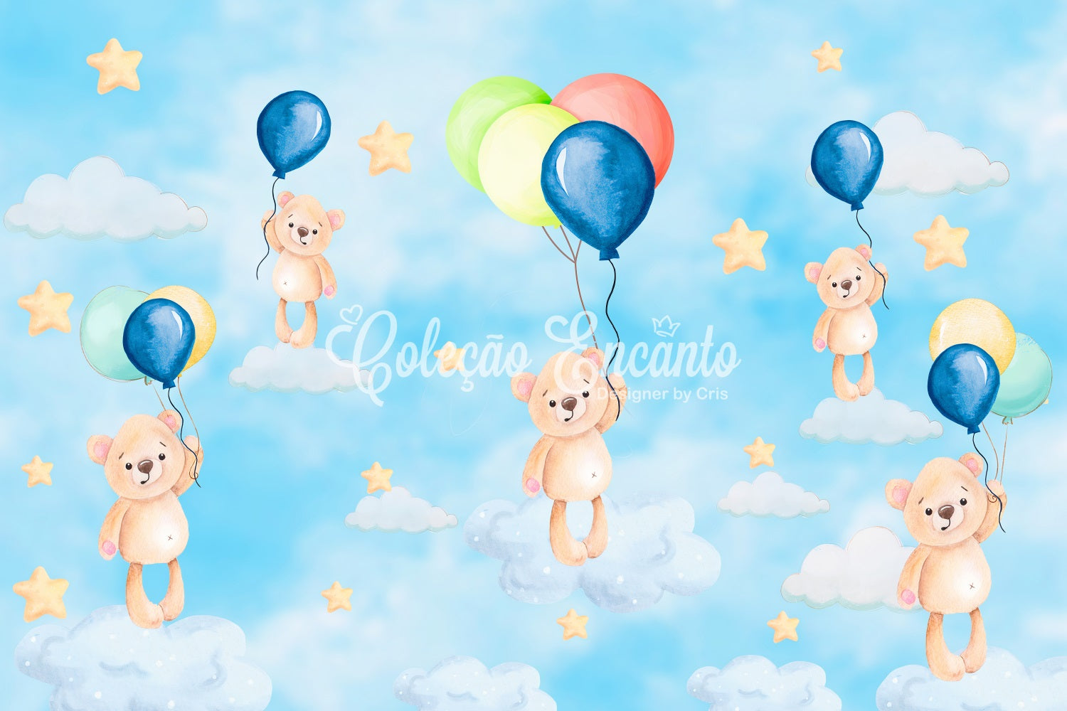Kids Photo Backdrop Floating Teddy Balloon Sky Dream Stars Backdrop By Magali