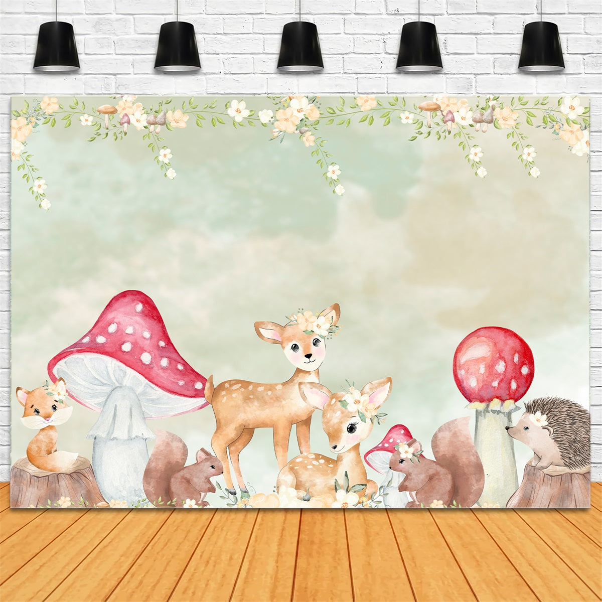 Kids Photography Backdrop Woodland Fawn Mushroom Floral Border Children Backdrop By Magali