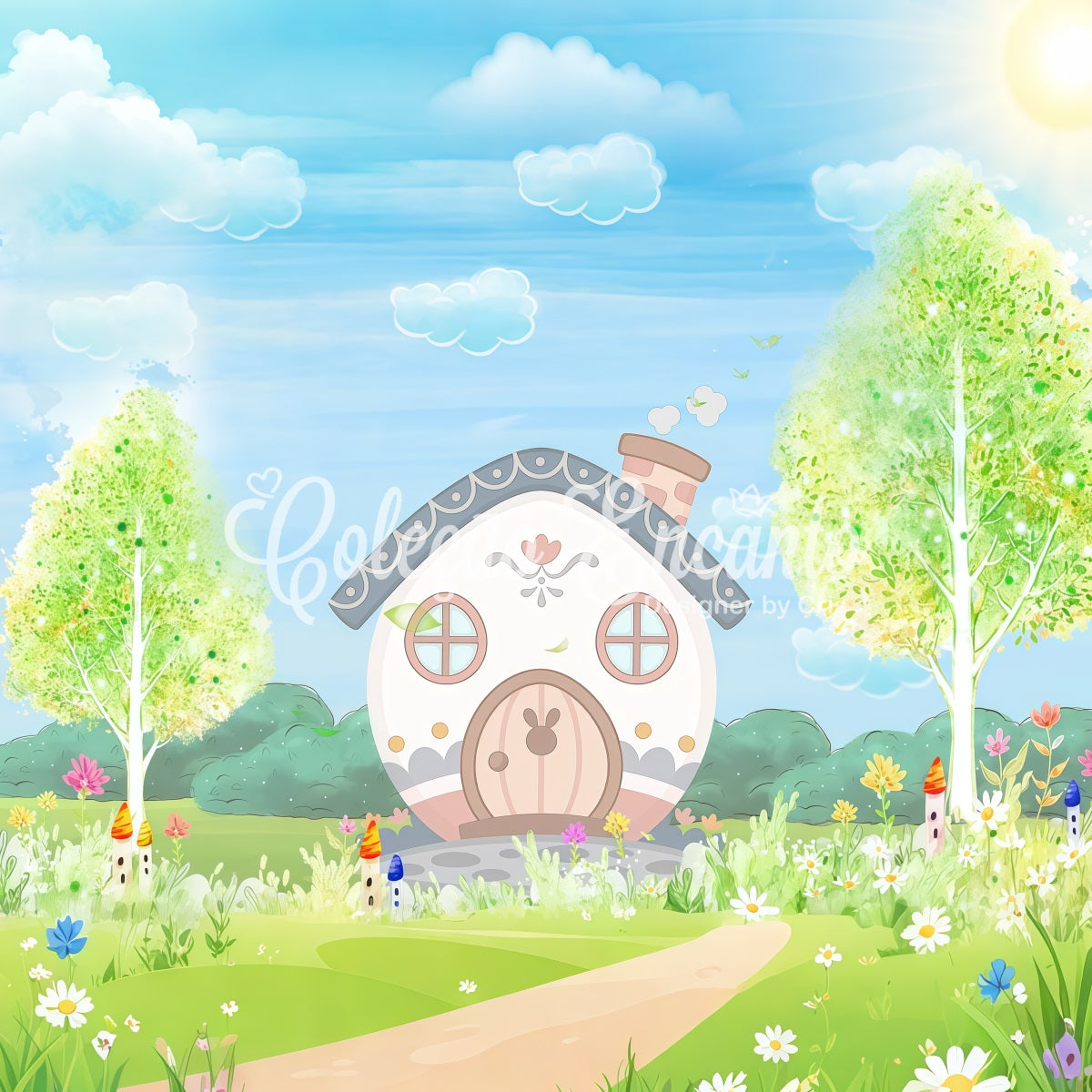 Kids Photoshoot Backdrop Pastel Bunny Cottage Spring Garden Childrens Backdrops By Magali