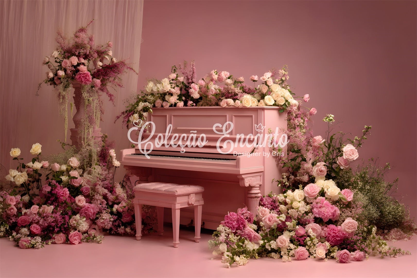 Mother's Day Backdrop Pink Rose Floral Piano Backdrop Design For Mother's Day By Magali