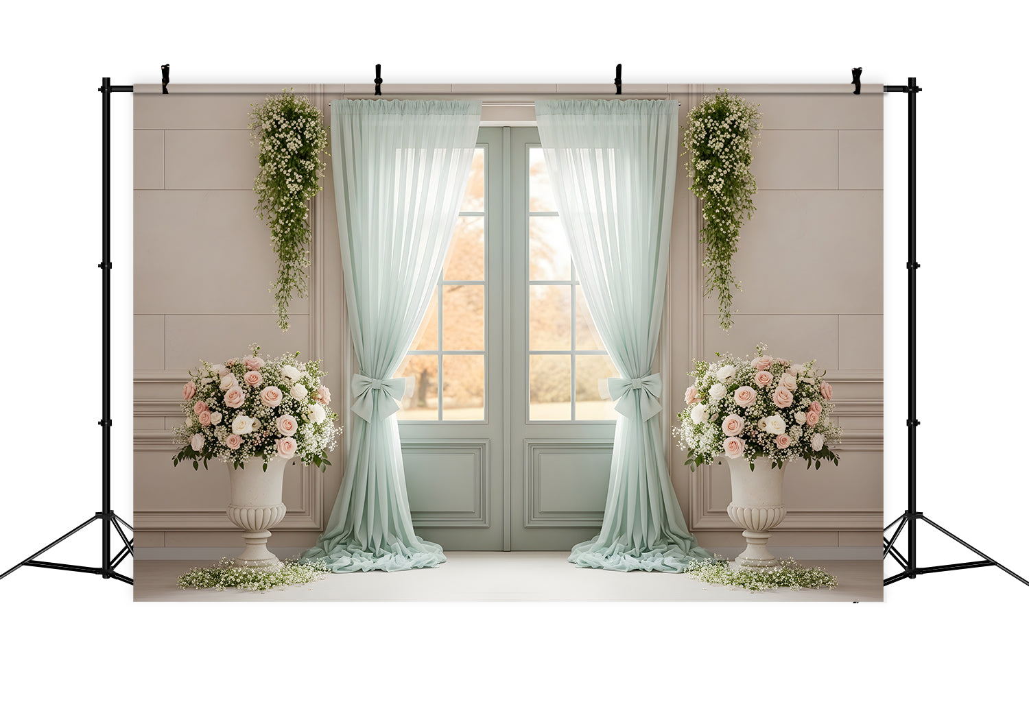 Backdrop For Mother's Day Mint Curtain Door Floral Urns Mothers Day Photography Backdrops By Magali