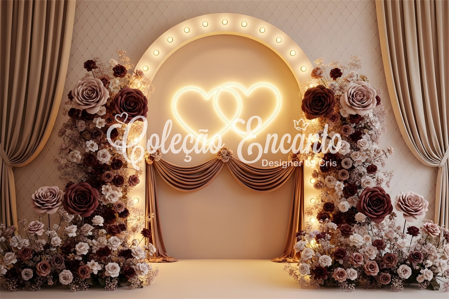Mother's Day Photo Booth Backdrop Burgundy Twin Hearts Floral Glow Backdrops For Mothers Day By Magali
