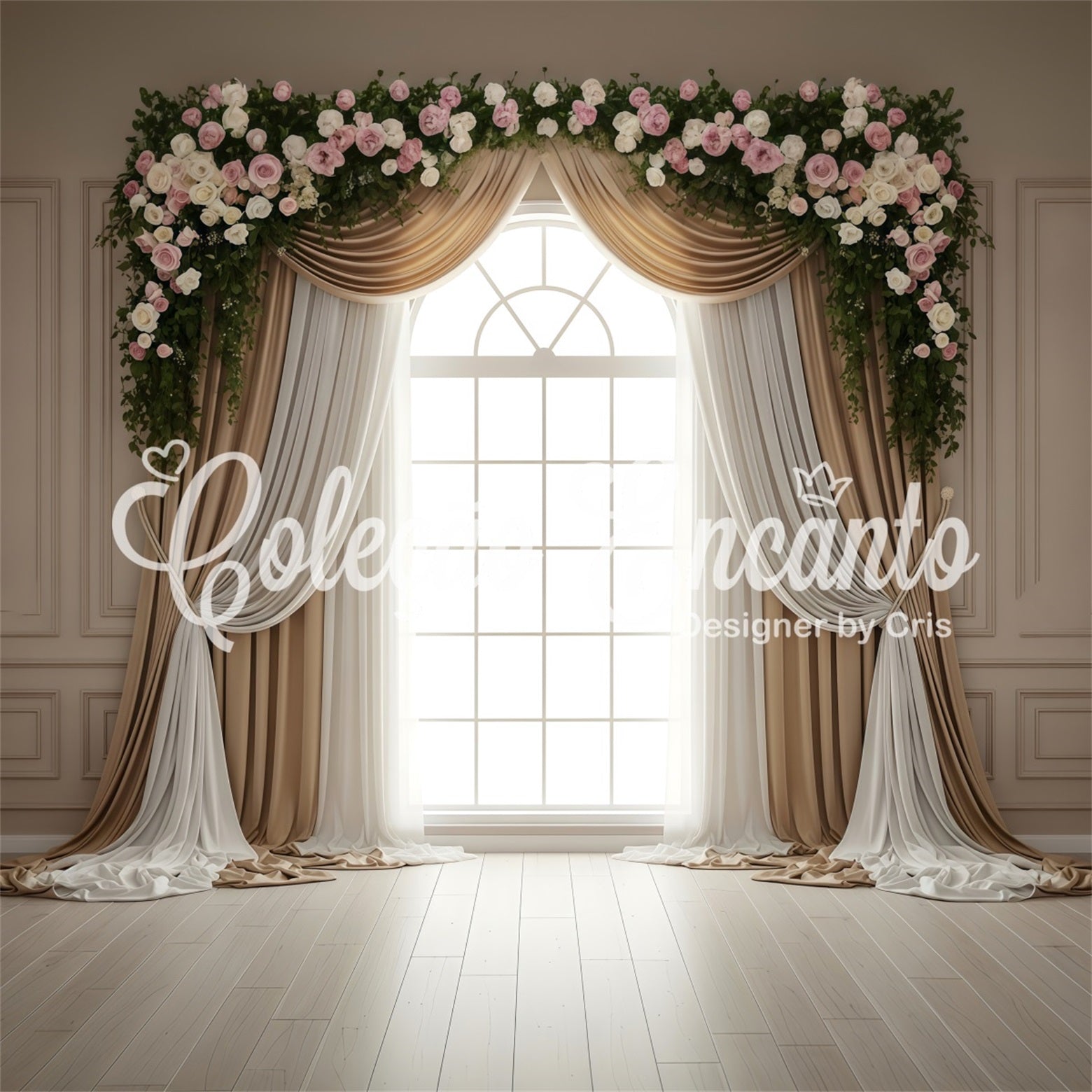 Mother's Day Backdrop Champagne Window Drapes Floral Swag Mother's Day Photo Booth Backdrops By Magali