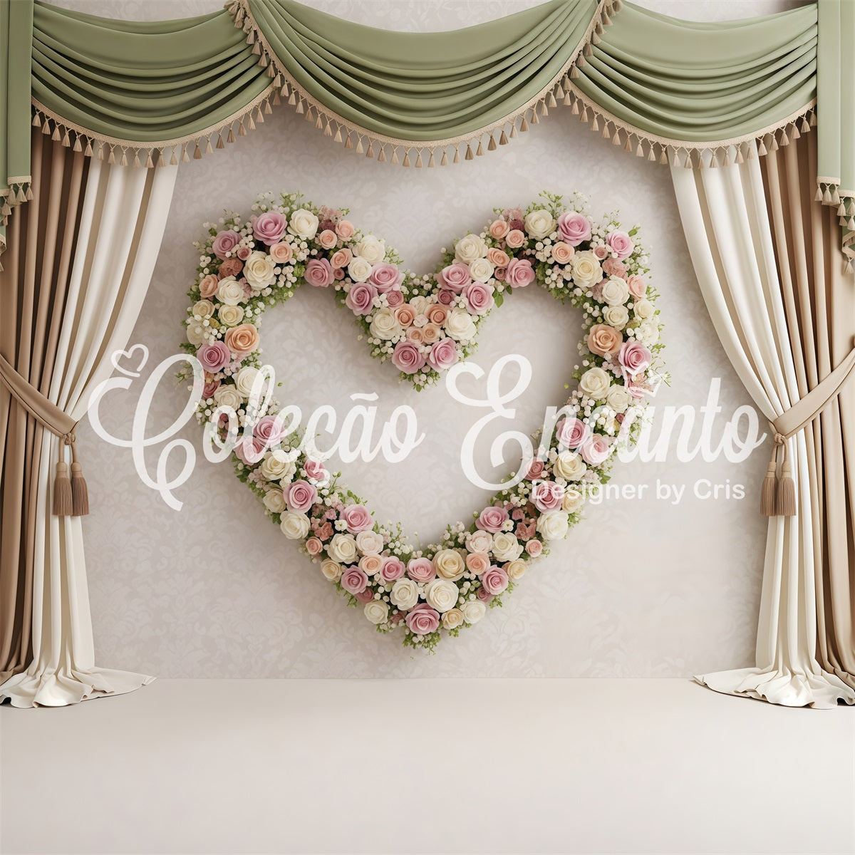 Photo Backdrop For Mothers Day Sage Curtain Heart Rose Wreath Mother's Day Backdrop Design By Magali