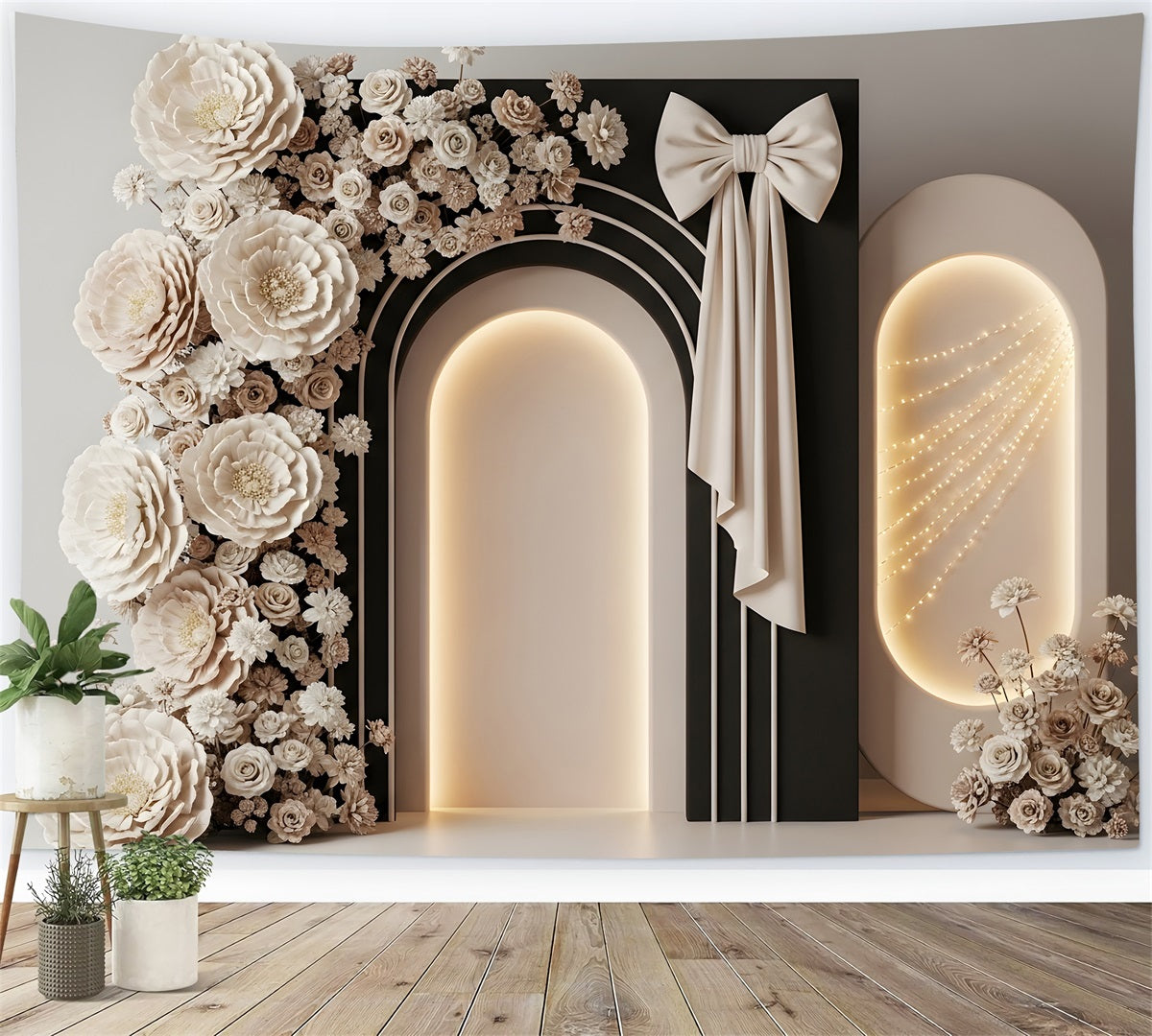 Mother's Day Backdrop Design Ivory Bow Arch Floral Glow Photo Backdrop For Mothers Day By Magali