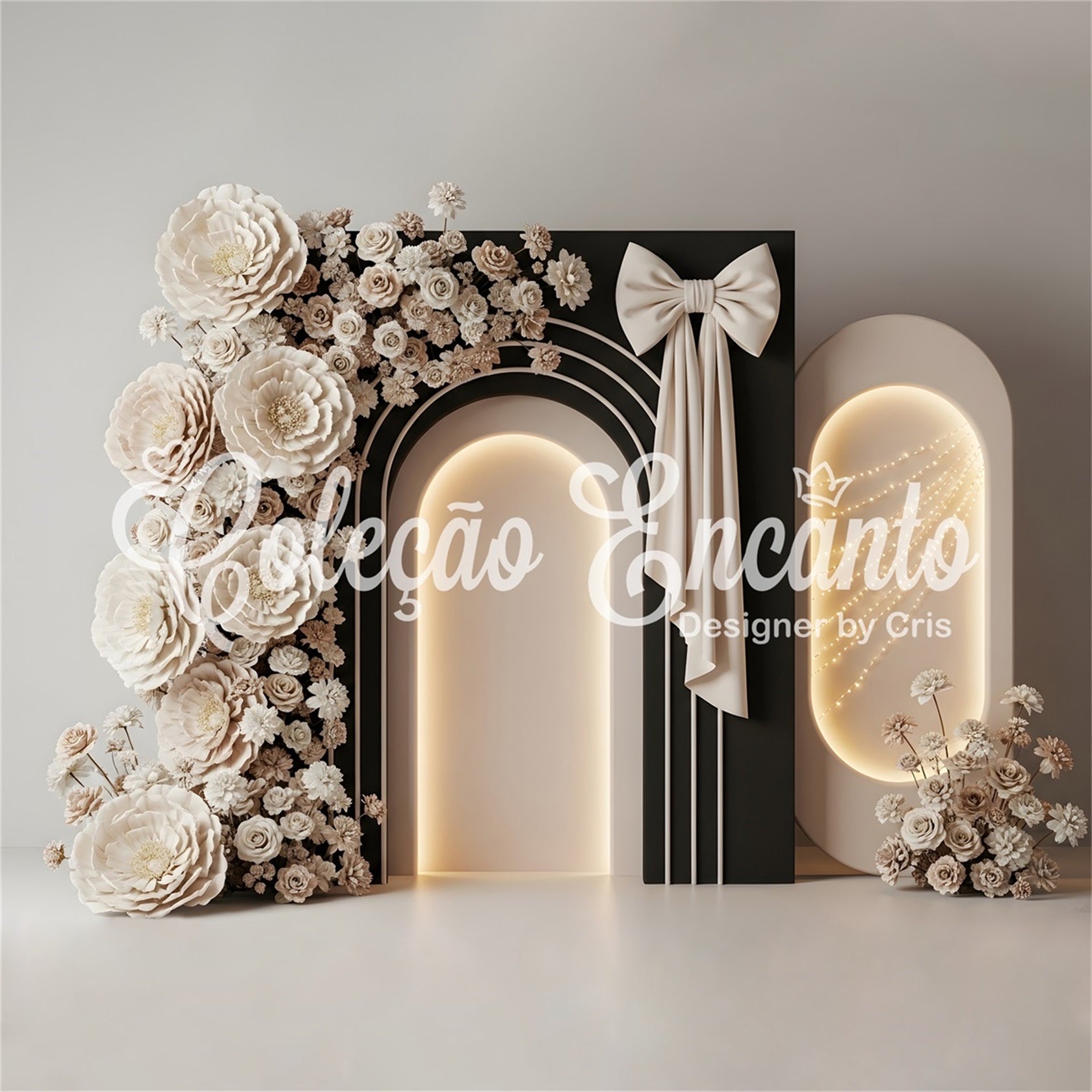 Mother's Day Backdrop Design Ivory Bow Arch Floral Glow Photo Backdrop For Mothers Day By Magali