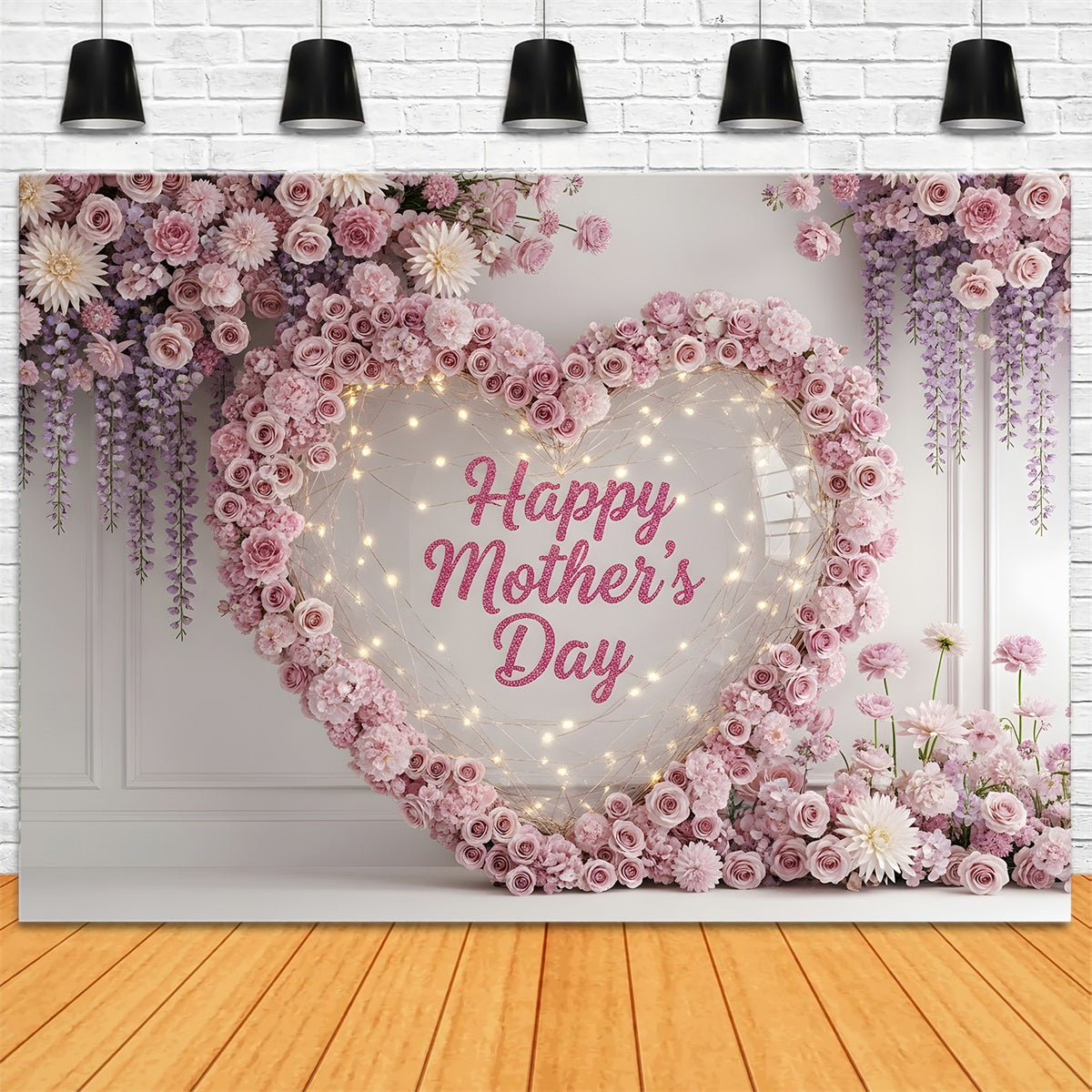 Happy Mothers Day Backdrop Pink Heart Wreath Floral Lights Mothers Day Photo Booth Backdrops By Magali