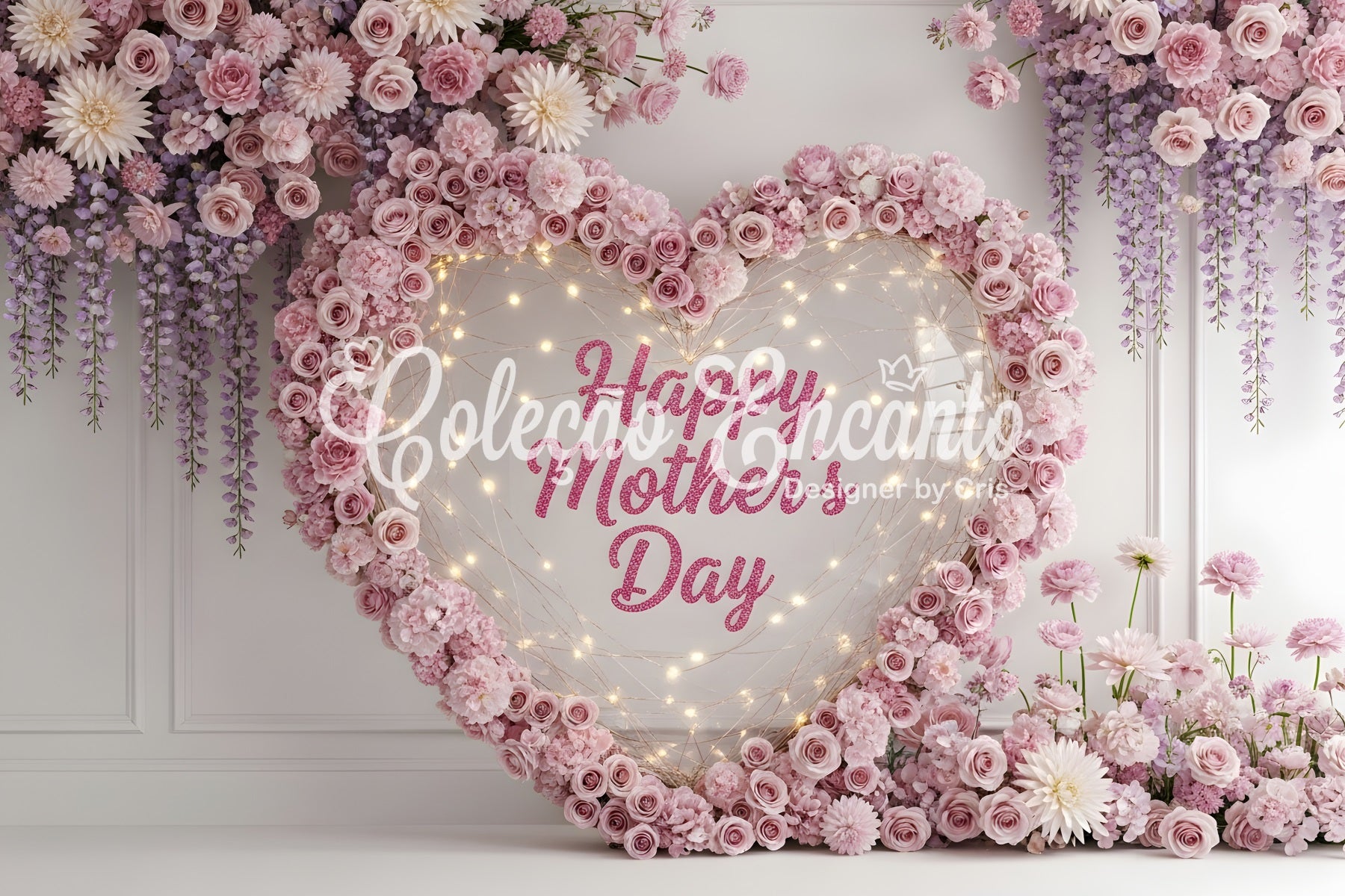 Happy Mothers Day Backdrop Pink Heart Wreath Floral Lights Mothers Day Photo Booth Backdrops By Magali