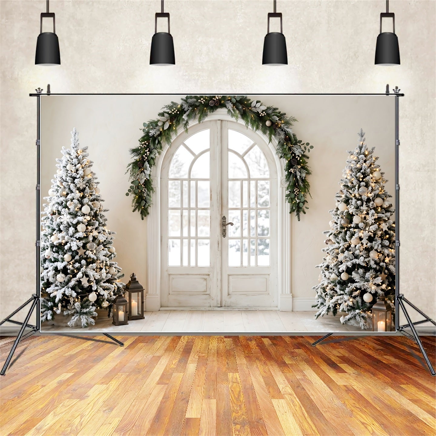 Christmas Themed Backdrop Elegant Arched Door Snowy Trees Christmas Photo Booth Backdrop CEM65-100