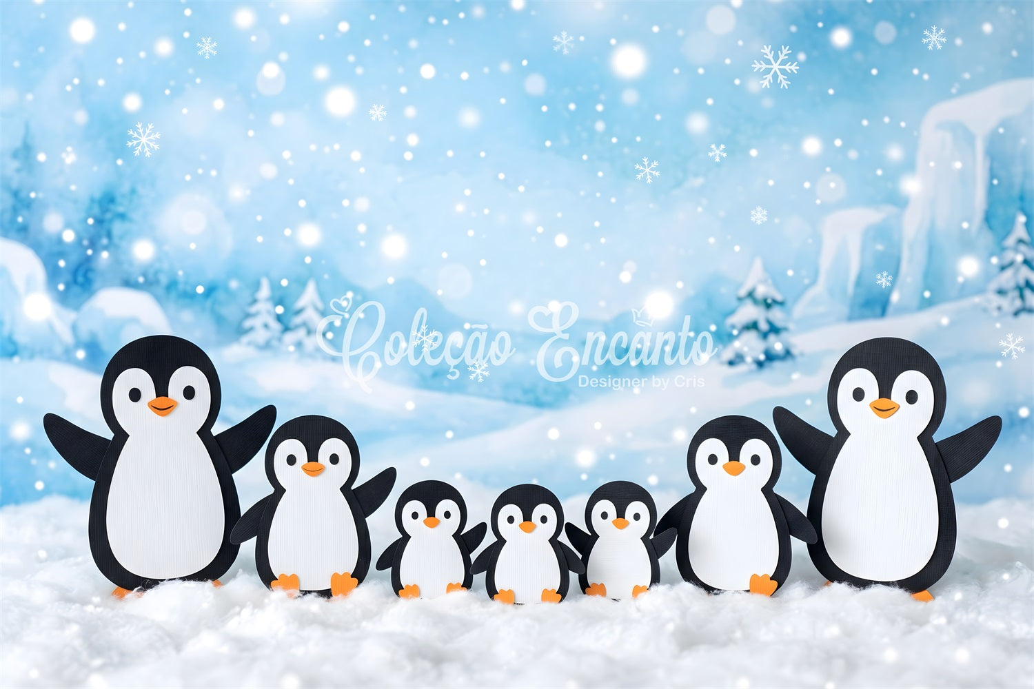 Snowy Christmas Backdrop Snowy Penguin Family Winter Wonderland Photo Backdrop Christmas CEM65-101