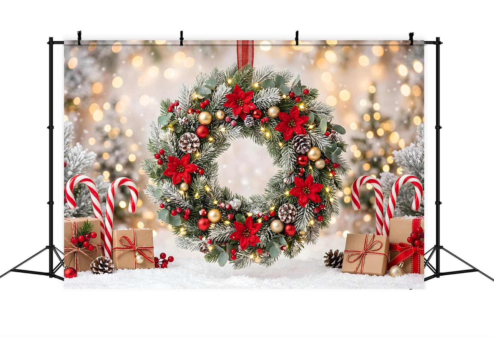 Christmas Lights Backdrop Frosted Poinsettia Wreath Candy Christmas Backdrop For Photography CEM65-104
