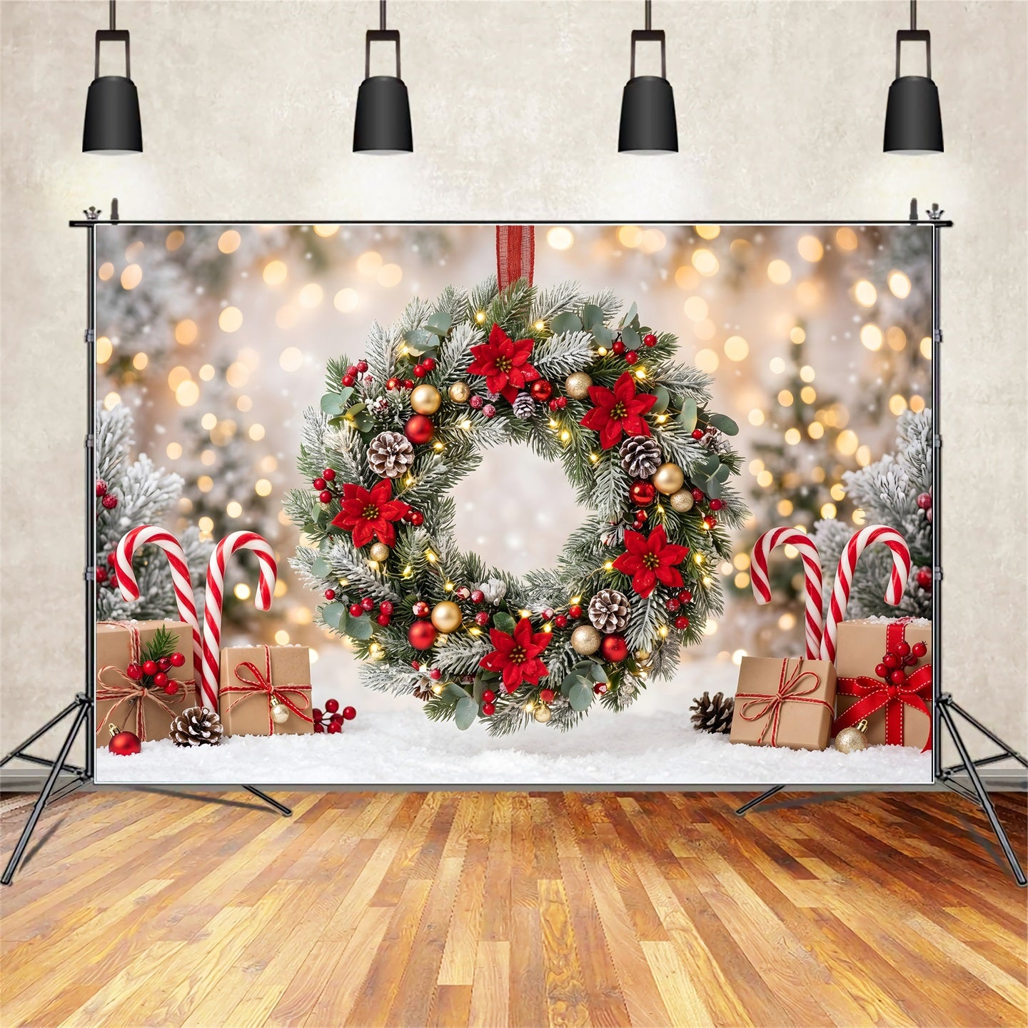 Christmas Lights Backdrop Frosted Poinsettia Wreath Candy Christmas Backdrop For Photography CEM65-104