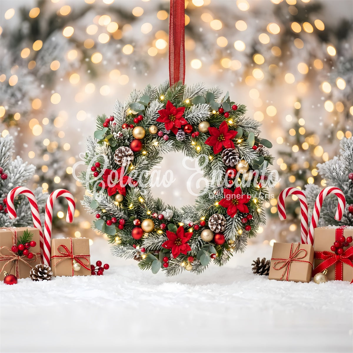 Christmas Lights Backdrop Frosted Poinsettia Wreath Candy Christmas Backdrop For Photography CEM65-104