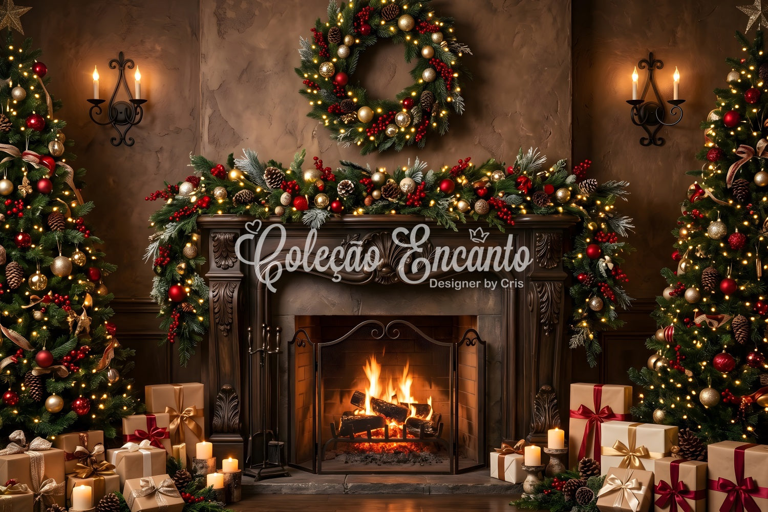 Large Christmas Backdrops Elegant Fireplace Wreath Candle Glow Christmas Backdrop For Pictures CEM65-107