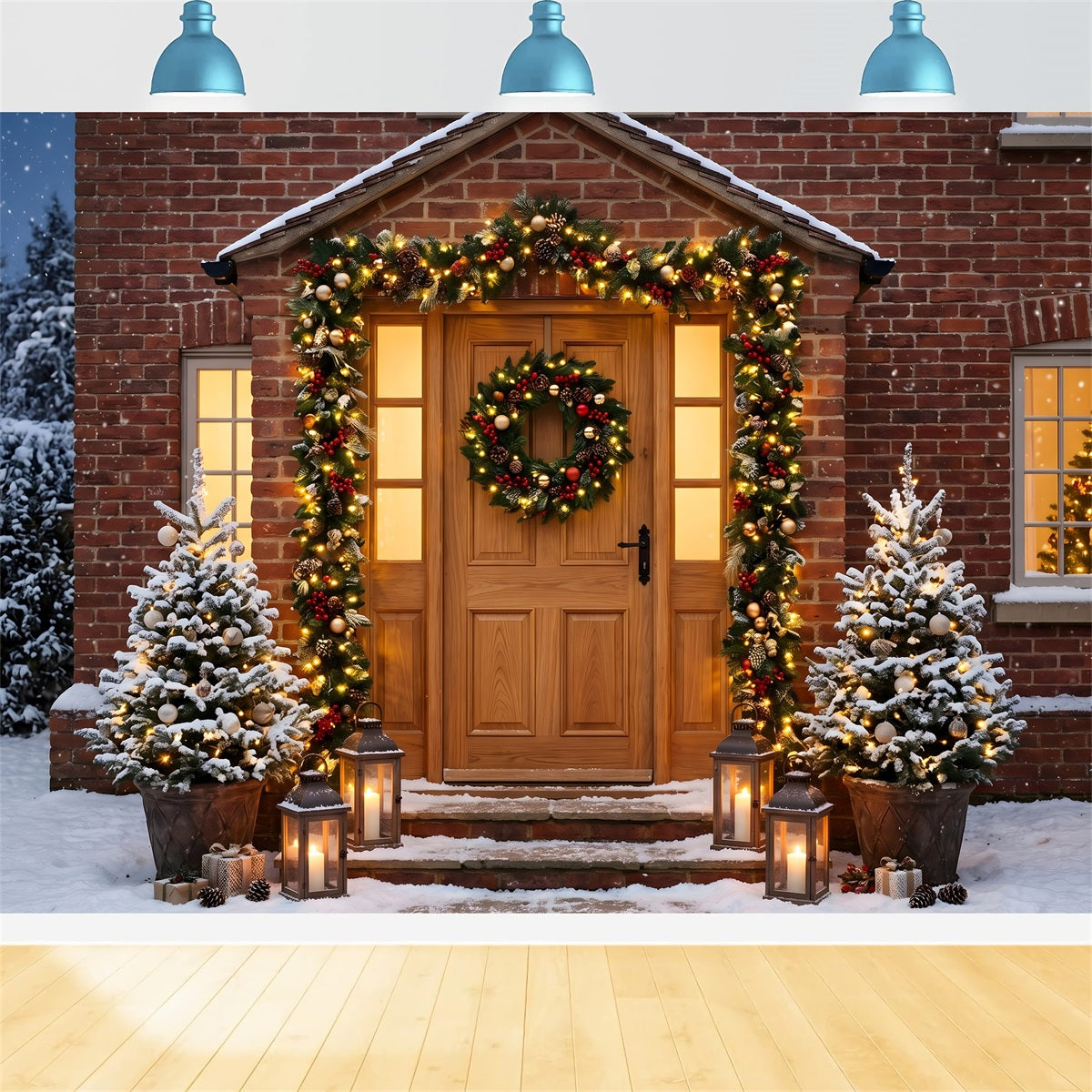 Photo Booth Christmas Backdrop Brick Door Garland Lantern Glow Large Christmas Backdrops CEM65-108