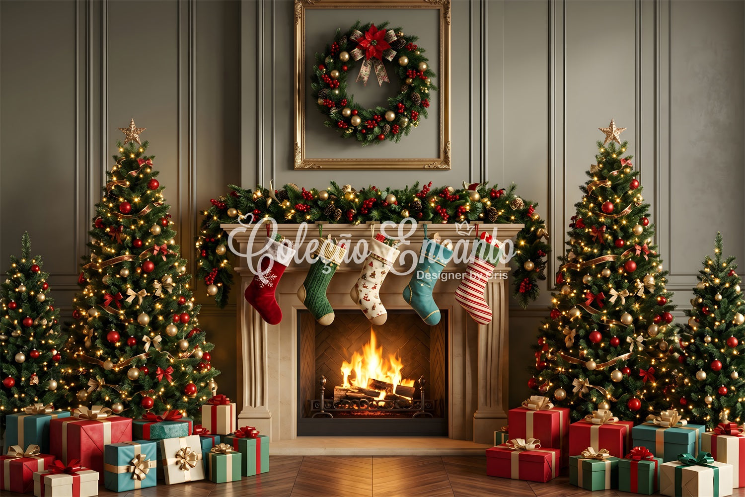 Christmas Backdrops Photography Classic Mantel Stockings Tree Christmas Backdrop CEM65-109