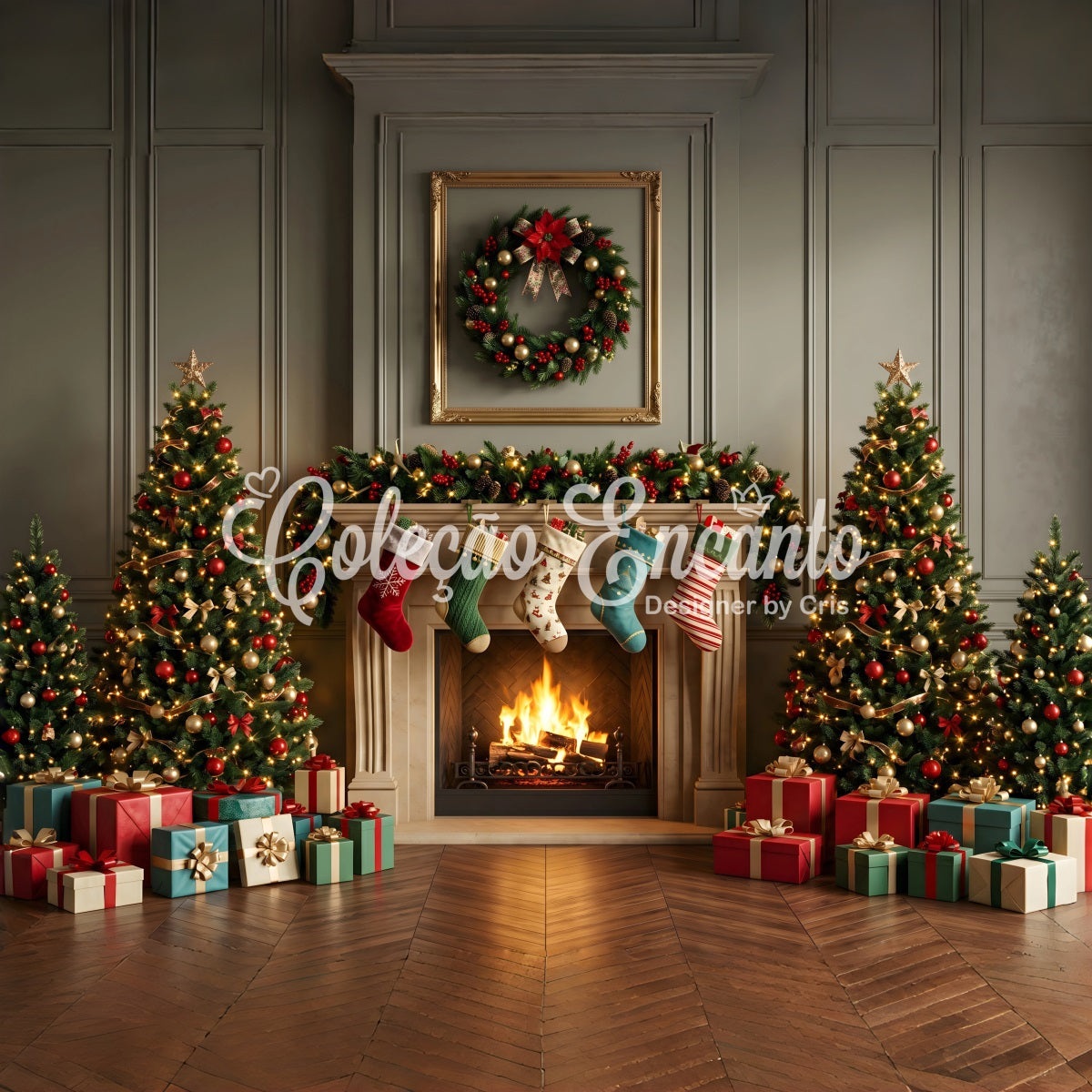 Christmas Backdrops Photography Classic Mantel Stockings Tree Christmas Backdrop CEM65-109